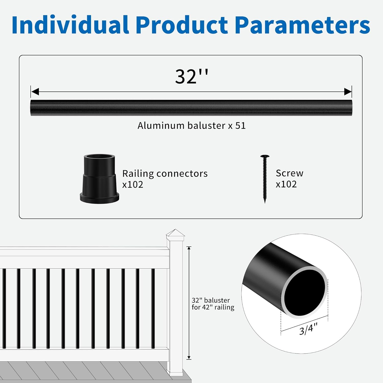 26" Aluminum Stair Balusters – 51-Pack Deck Railing Spindles with Connectors, Matte Black Powder-Coated, Rust-Resistant Metal Pickets for Indoor & Outdoor Staircase