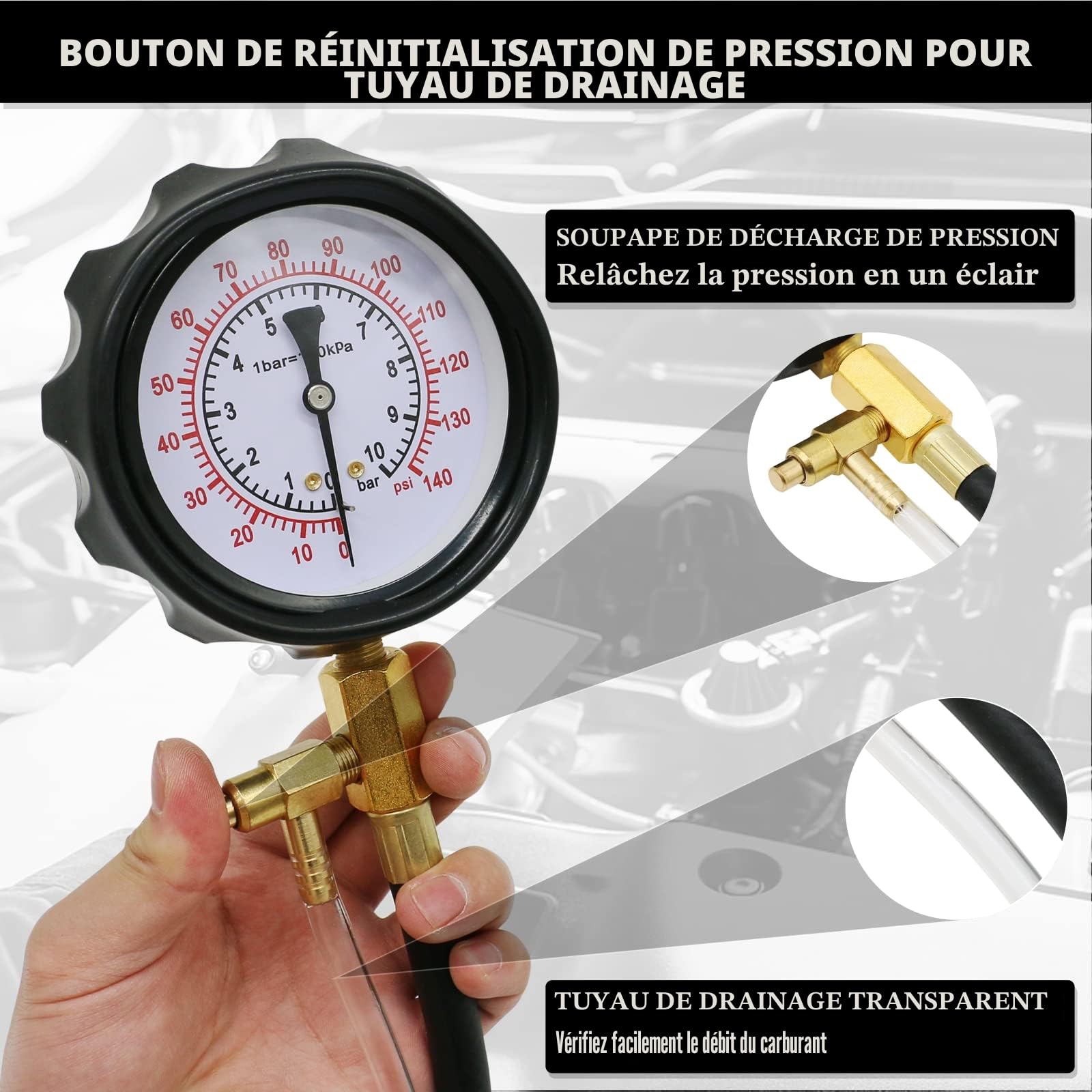 0-140PSI Testeur de pression de pompe d'injection, testeur de pression de carburant, kit universel de testeur de pression, essence, voiture, camion, moto, outil de diagnostic