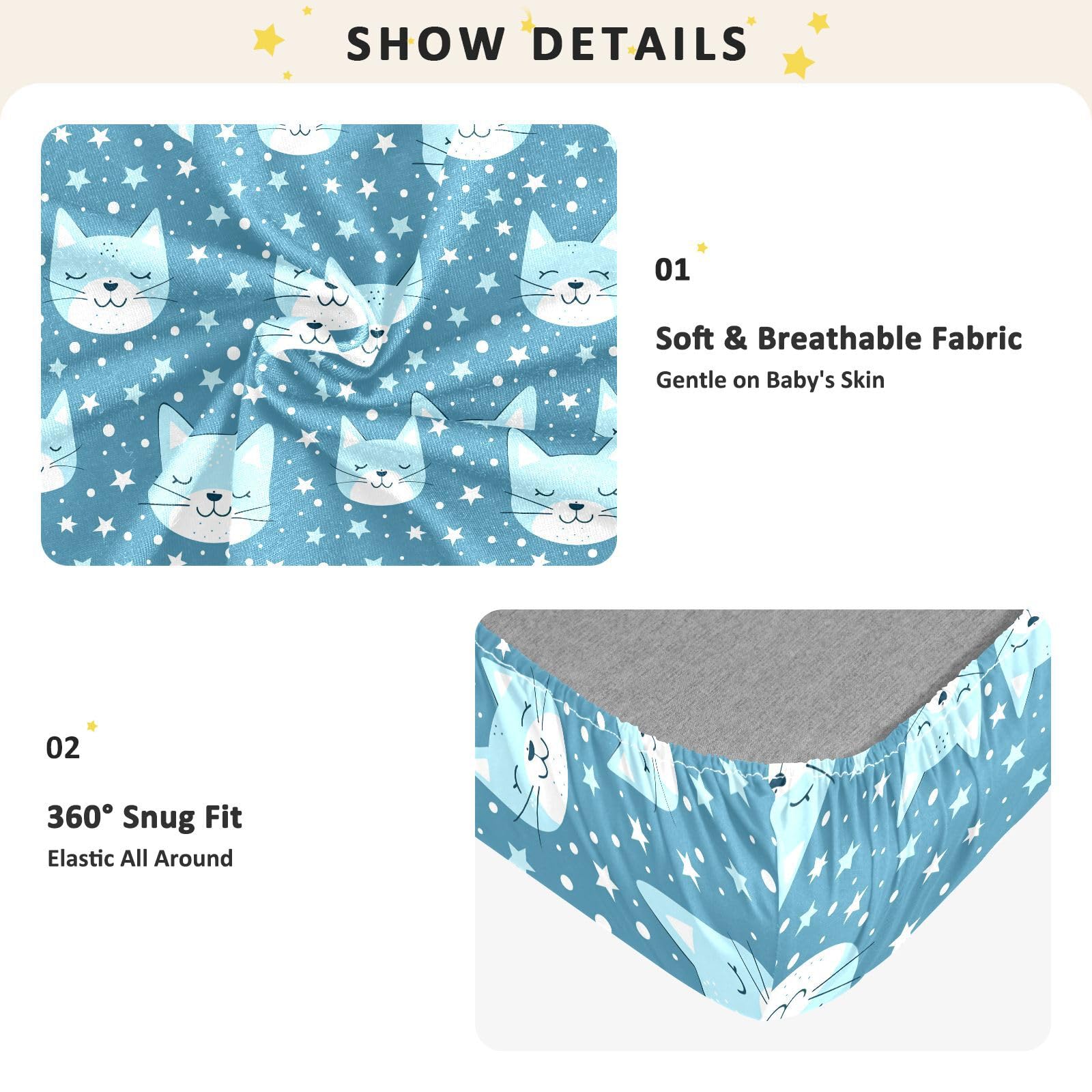 Blue Cats Stars Lenzuola per culla in cotone ultra morbido per lettino per bambini per la cameretta dei bambini, confezione da 1