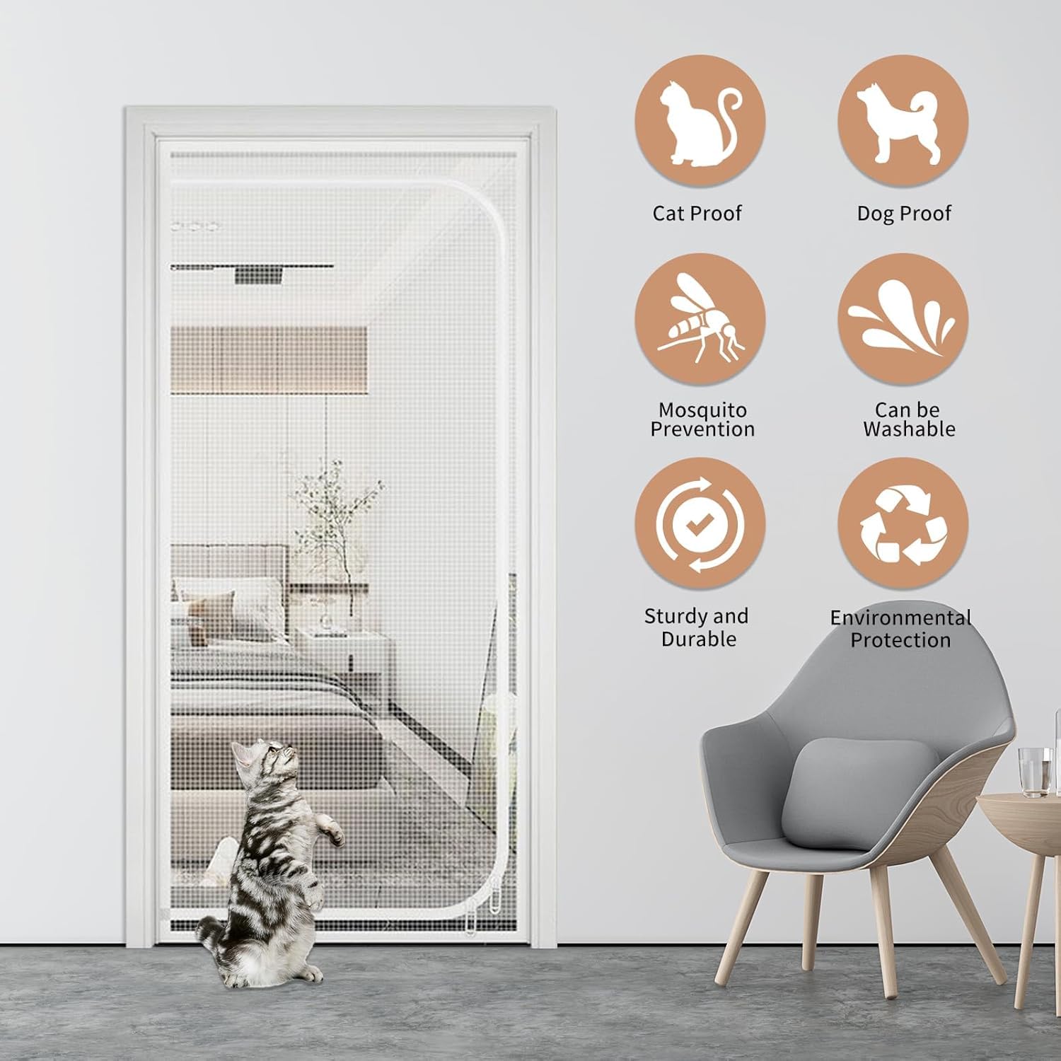 Katzengitter für Tür, Katzengitter Balkontür, Haustiere Bildschirm Tür, Verdickte Hund Katze Gittertür mit Reißverschluss, Katzentürnetz für Wohnzimmer, Küche, Terrasse (Weiß, 90 x 200 cm)