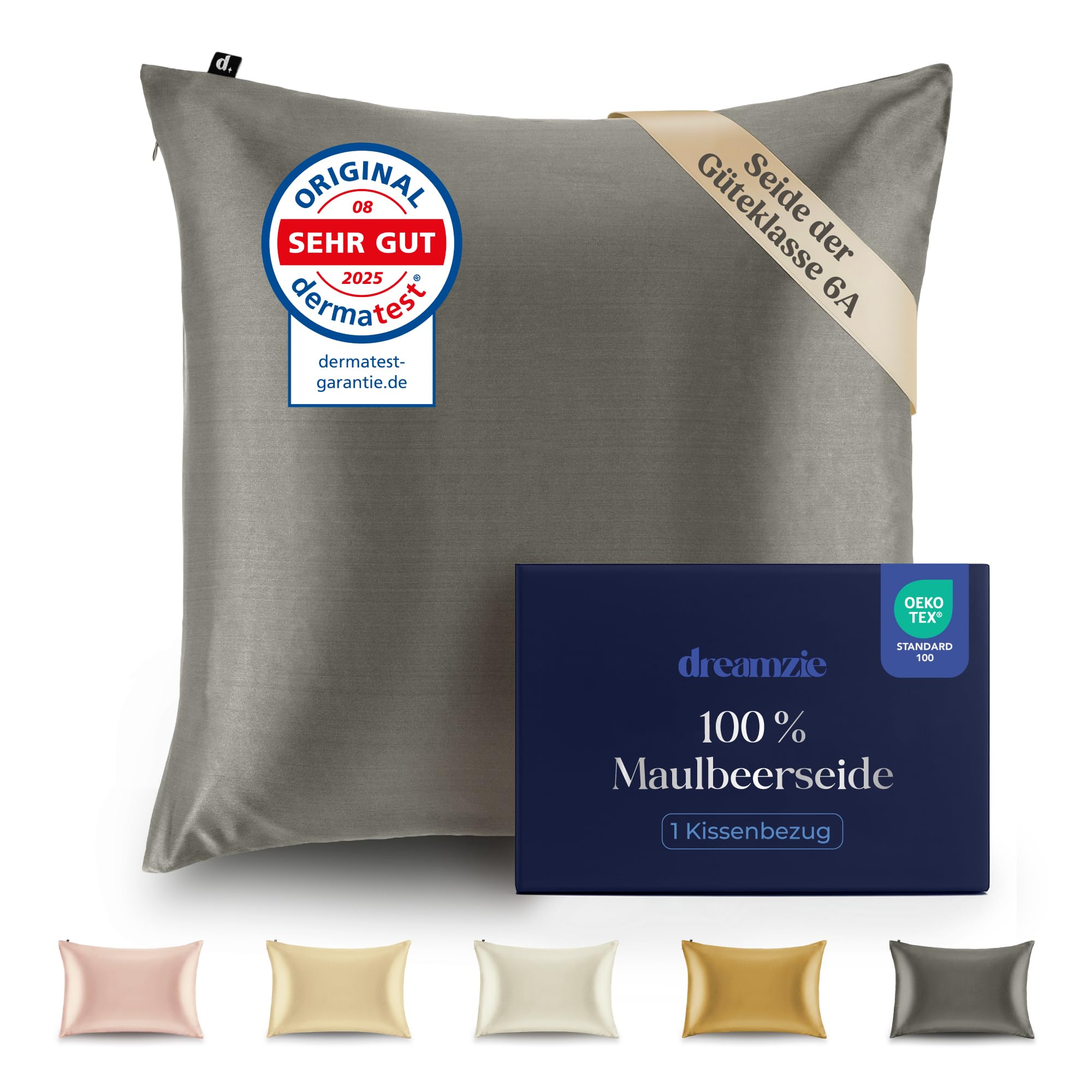 Dreamzie Seidenkissenbezug 100% Silk Pillowcase 22 Momme Güteklasse 6A - Oeko-Tex Zert. für Haar und Haut - 1 Stück - Dunkelgrau - 40 x 40 cm