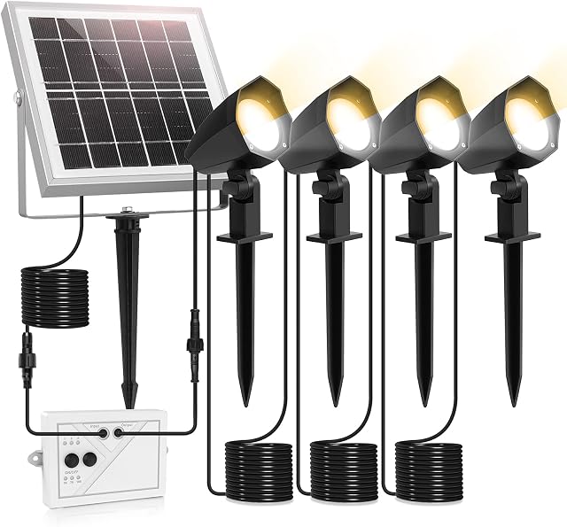 Solar Spot Lights Outdoor Garden, Linke 4 in 1 Warm & Cold 3 Color Adjustable Led Solar Powered Spotlight IP66 Waterproof Solar Landscape Spotlights Solar Fence Lights for Yard Lawn Tree Statue