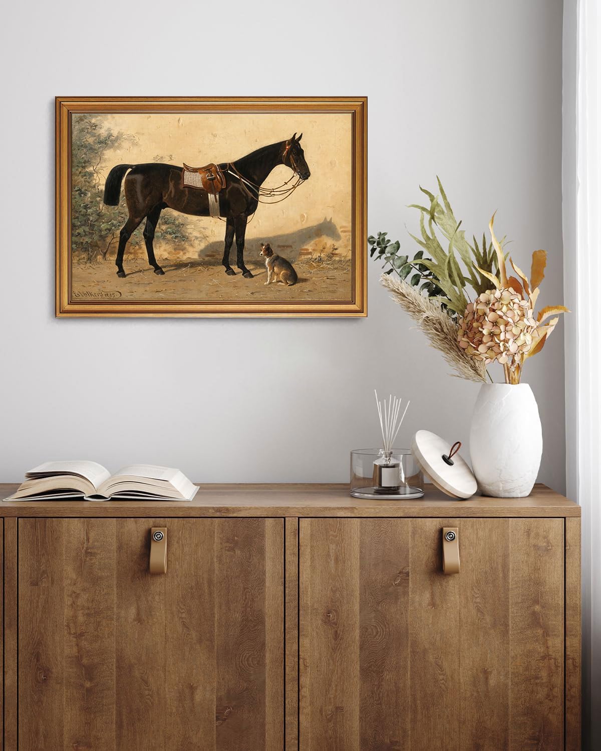 Gold Framed Wall Art Vintage Horse and Dog Canvas Art Farmhouse Animals Picture Wall Decor Antique Prints Rustic Paintings Country Artwork for Bedroom Bathroom Living Room 16x24 Inch