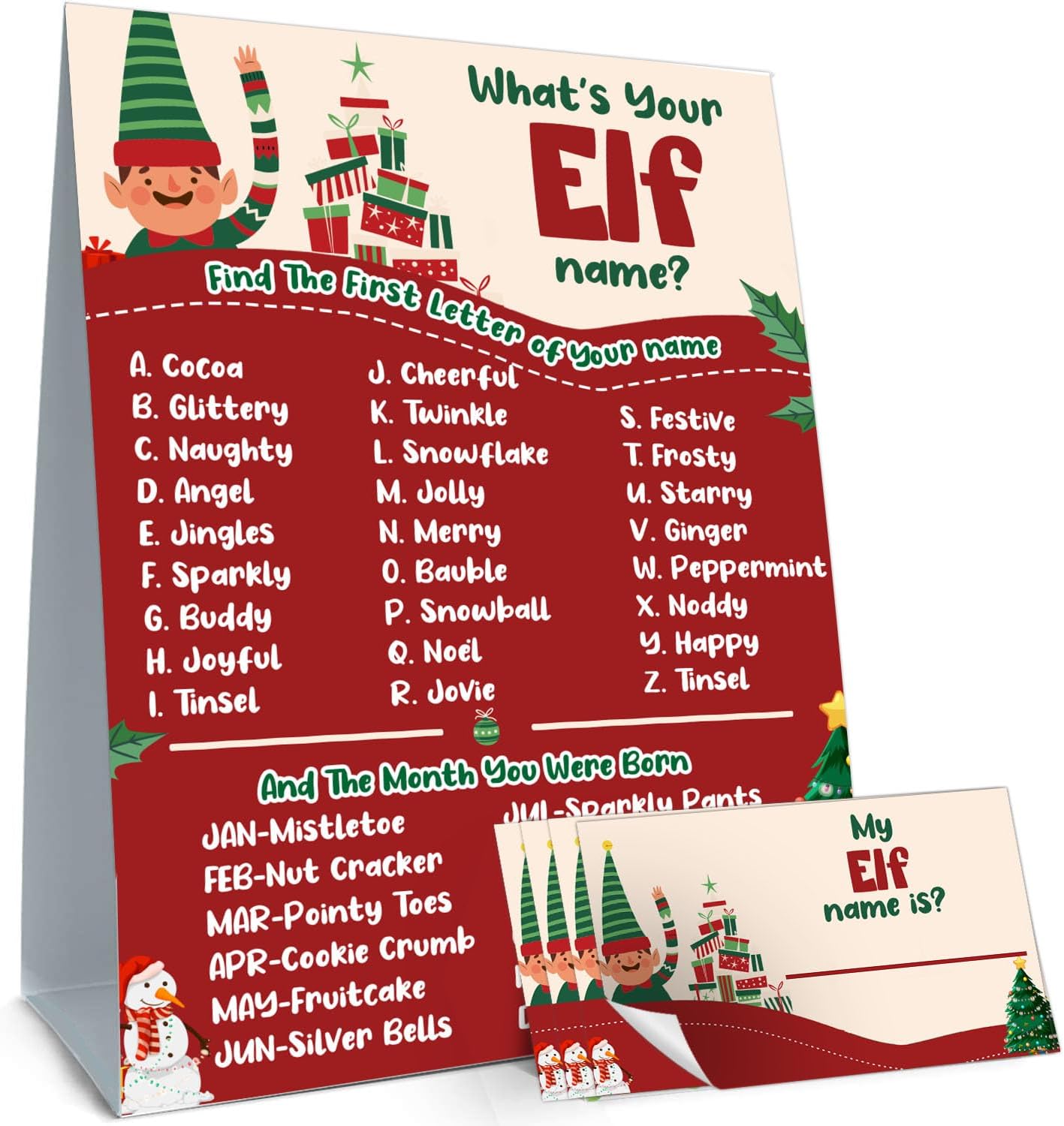 What is Your Elf Name Game, Elf Theme Birthday Game Set, Including 1 Elf Name Game Double Sided Sign and 30 Name Sticker, Birthday Party Games