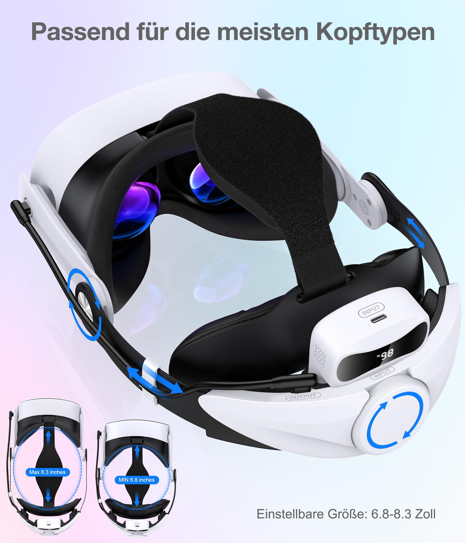 Elegamefy Sangle de tête pour Meta Quest 3/Quest 3S/Quest 2 avec batterie – Affichage numérique et temps prolongé de 3 à 4 heures, double molette de réglage, confort, équilibré