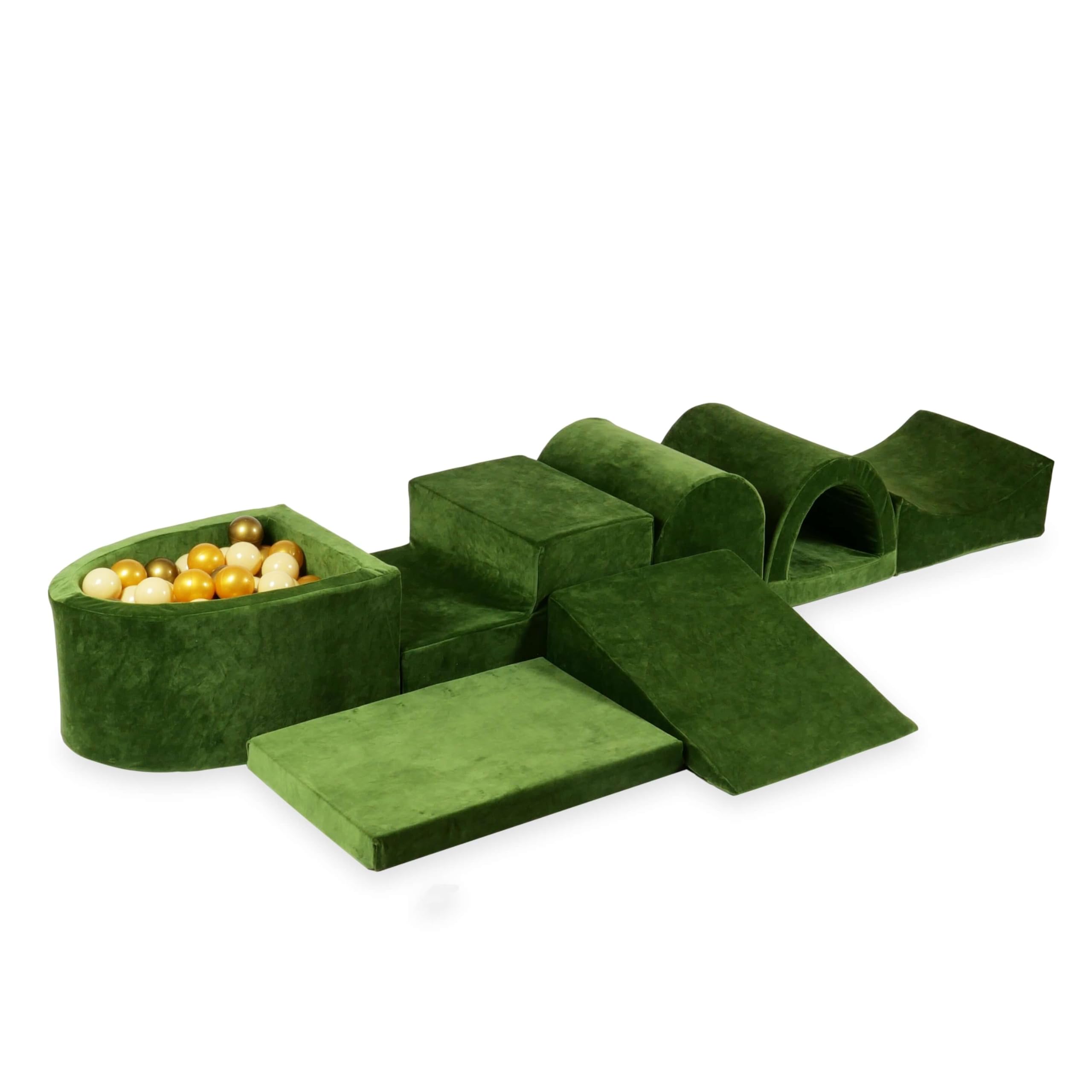 Mimii Parco giochi XXL in schiuma con vasca con palline Velvet Soft Olive (100 palline: beige/oro/oro antico), grandi mattoncini da costruzione per gattonare e arrampicare, morbidi mattoncini da gioco