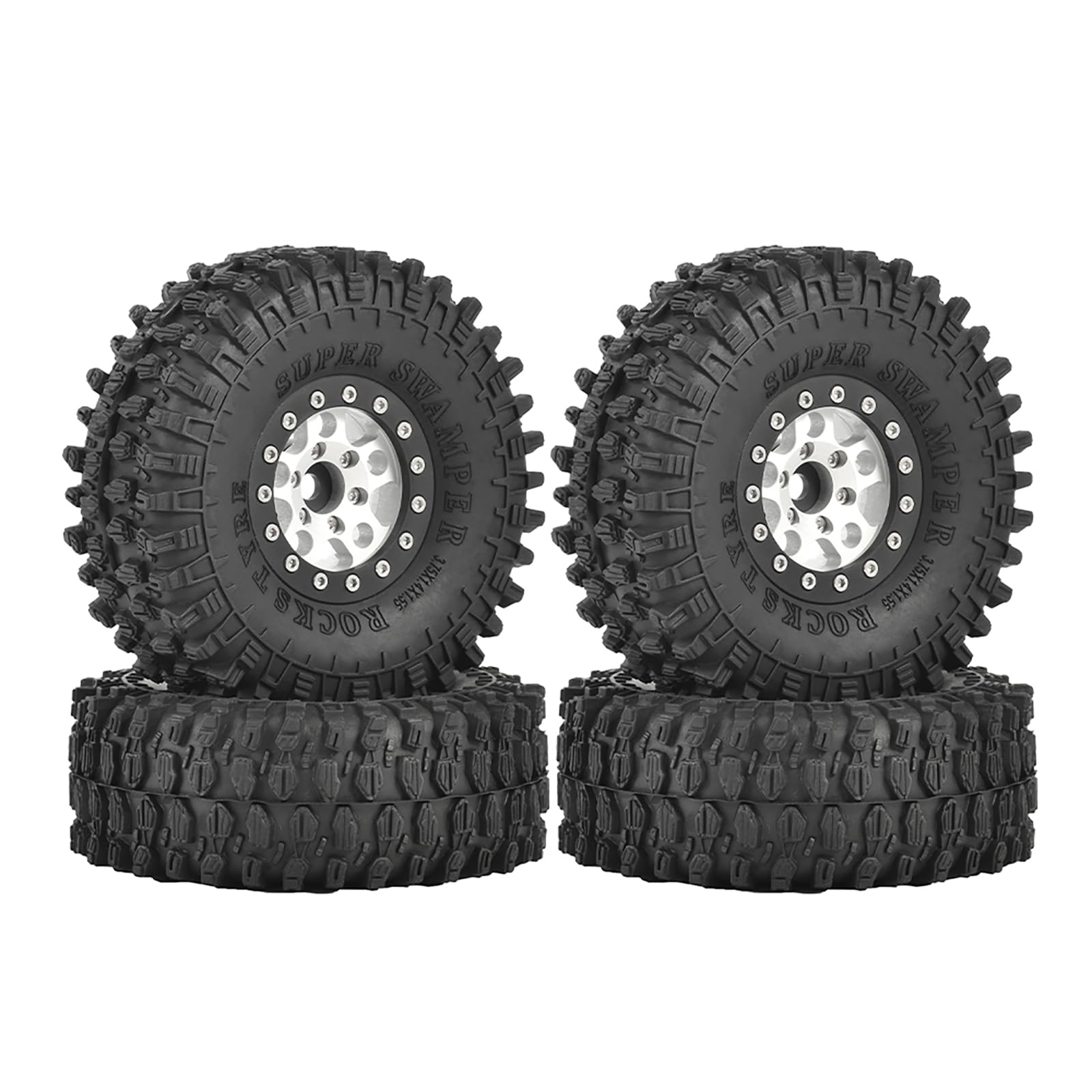 KINGCOO 4PCS 1.55Inch Aluminum Alloy Metal 5Spoke Beadlock Wheel Rims and Rubber Tires Set for 1/10 RC Rock Crawler Car for Axial AX90069 UTB18 D90 TF2 Tamiya Upgrade Parts (Silver+Black, 95MM-A)