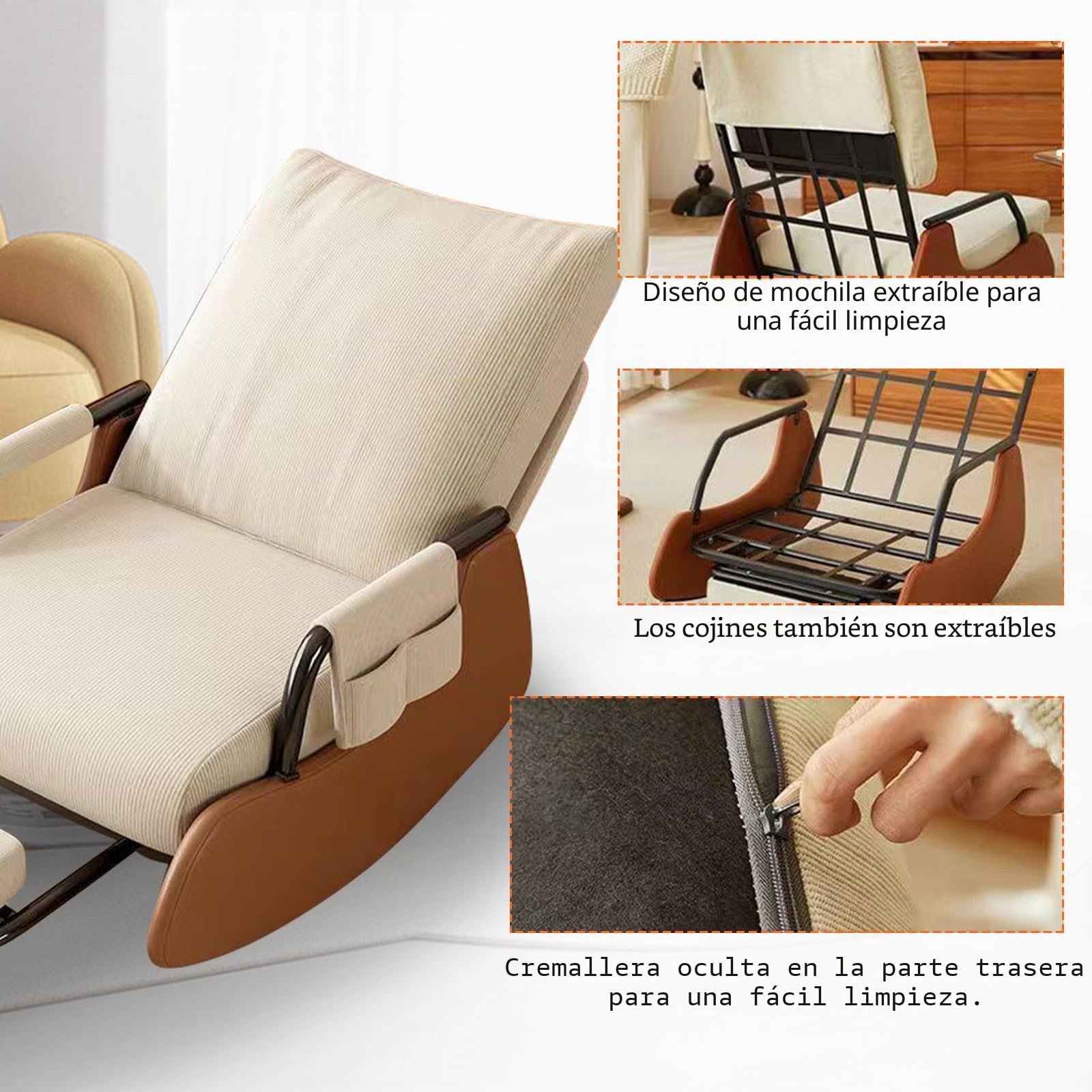 TWSOUL Mecedora, silla de lectura, cómoda silla de salón con respaldo ajustable en 3 posiciones, sillón de relax con reposapiés elástico, sillón mecedora para dormitorio o salón