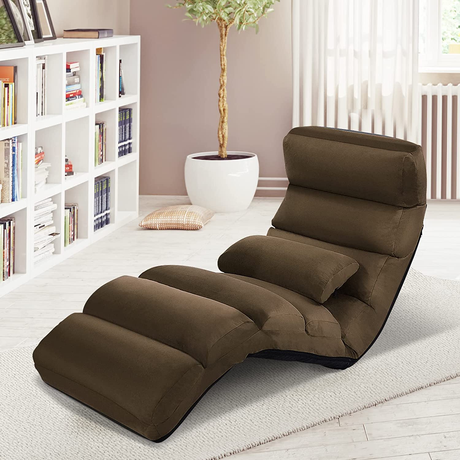 RELAX4LIFE Relaxliege, Bodenliege 5-Fach Einstellbar, Bodenstuhl Faltbar, Relaxsessel mit Kissen, Liegesessel mit Schlaffunktion, bis 120kg belastbar, Klappsessel für Schlafen & Lesen (Braun)