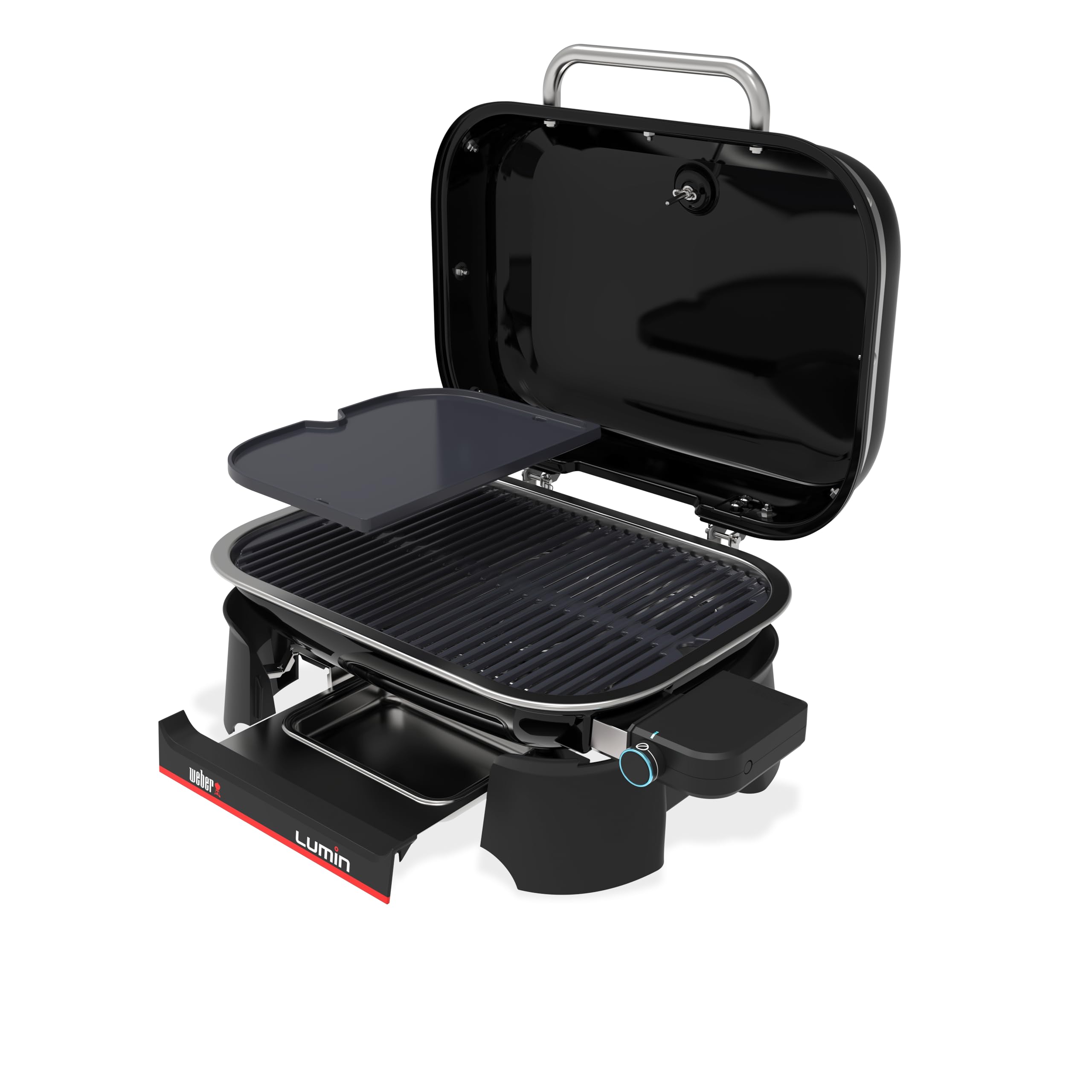 Weber Lumin Barbacoa eléctrica, hasta 315 °C, con termómetro Integrado en la Tapa, Parrillas de Hierro esmaltado, Superficie de cocción de 33 x 49 cm, Negro (1502045)