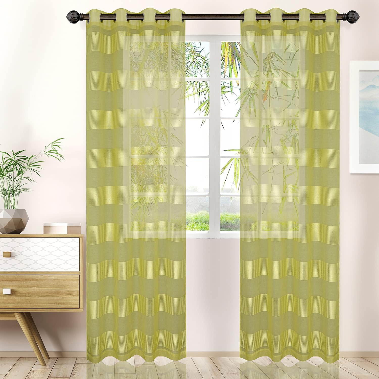 Superior Dalitso Rope Sheer Curtains, Window Accents, Braided Rope, Stripe, Textured, Traditional, Modern, Transitional Design with Stainless Grommets, Curtain Set of 2 Panels, 52" x 84", Lime