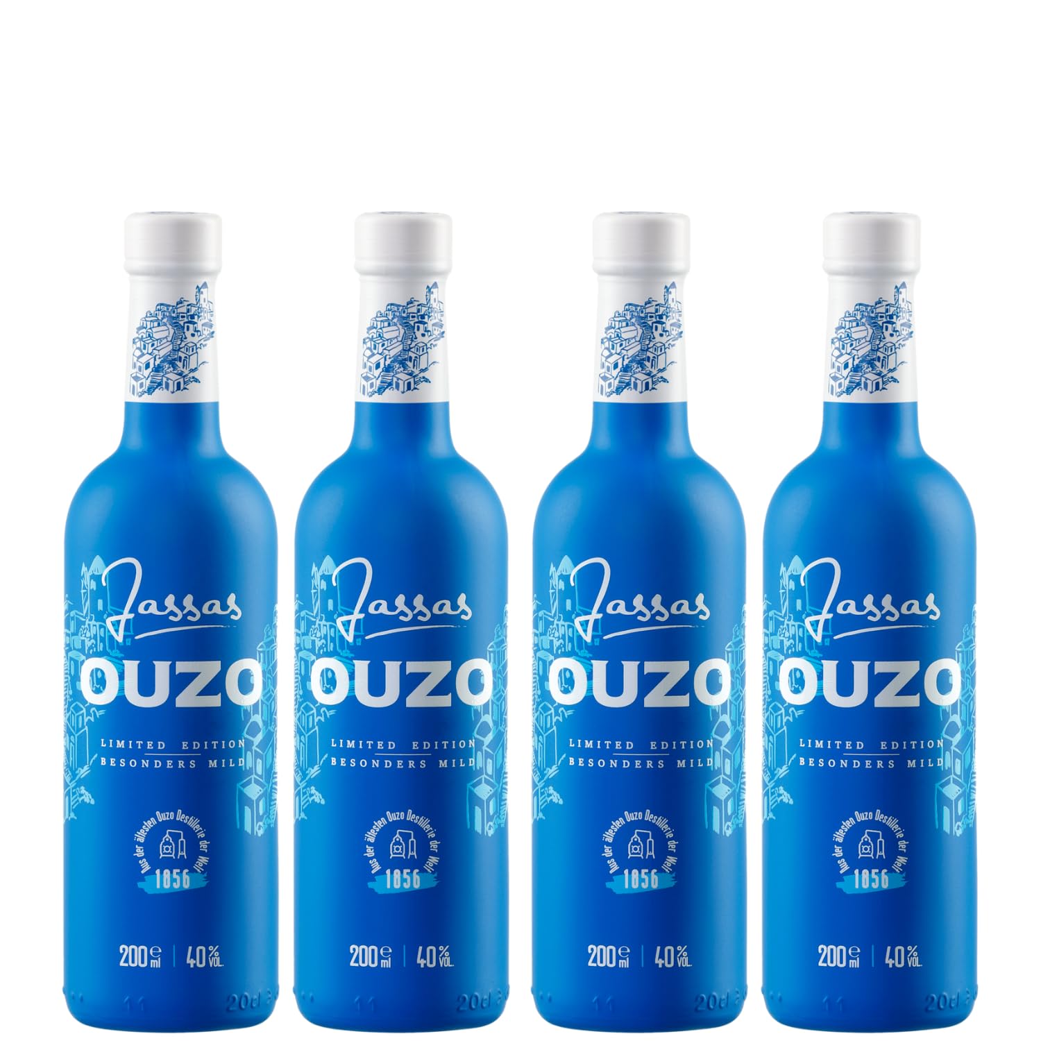 Jassas Ouzo 40% 4x 0,2l Premium Flasche | Besonders mild | Limited Edition | Älteste Ouzo Destillerie der Welt | +20ml Jassas Olivenöl
