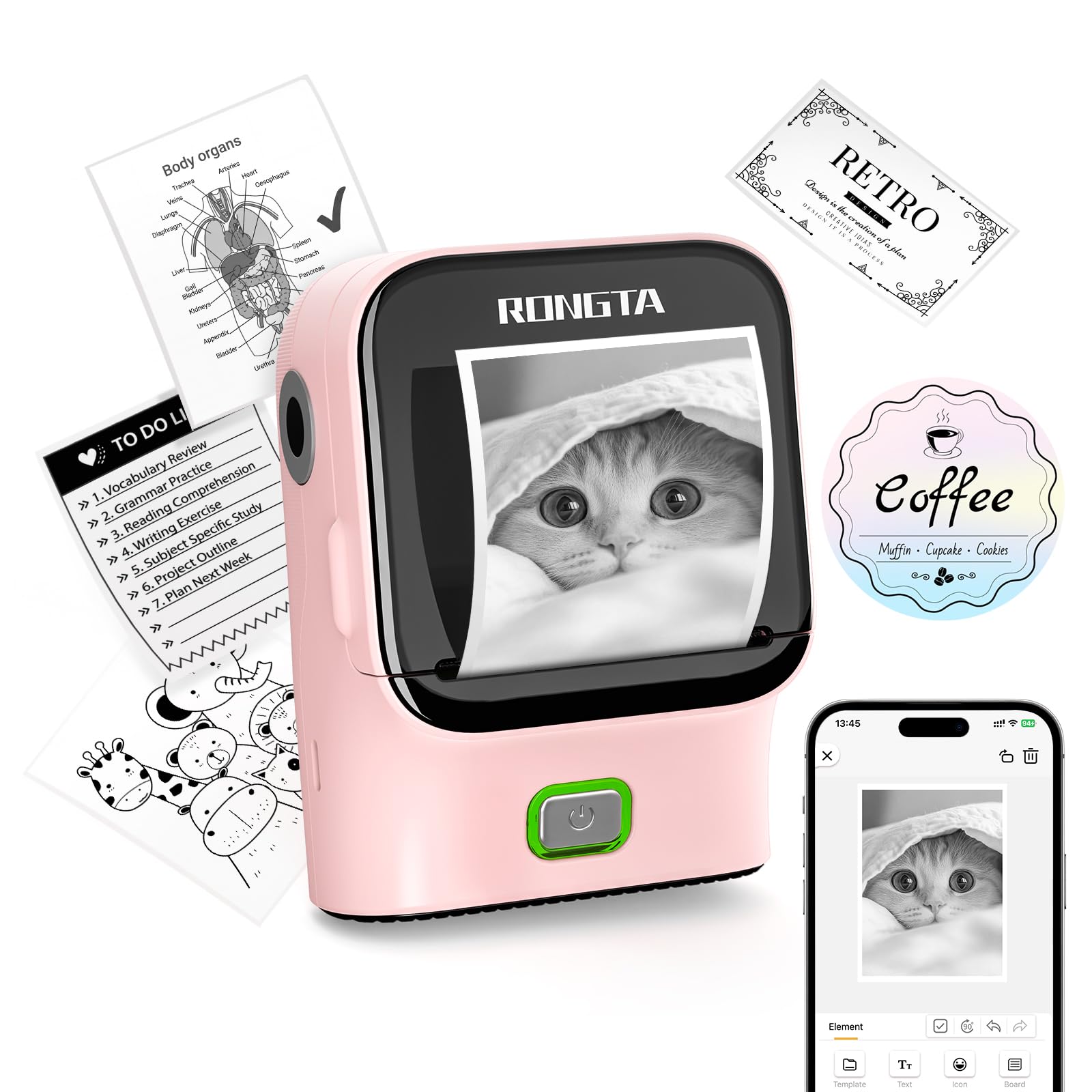 Rongta Mini Sticker Printer, Bluetooth Thermal Label Printer, Portable Inkless Label Maker Suitable for Creative Kids DIY, Diaries, Photos, Study Notes, Pink