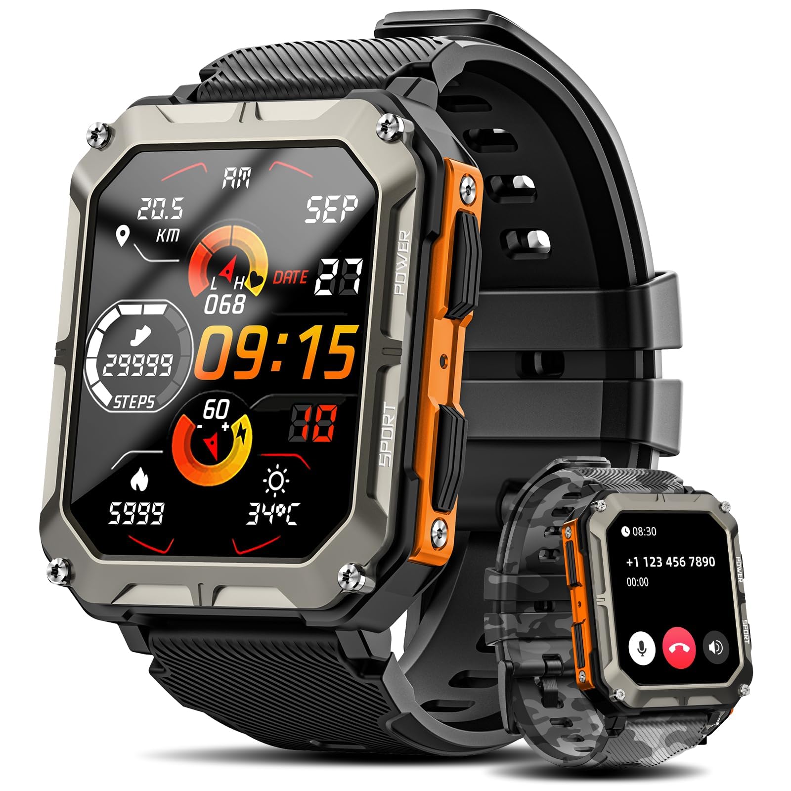 Military Smart Watch for Men with Blood Pressure (Answer/Make Call), Rugged Tactical Smartwatch for Android and iPhone, 10 ATM Waterproof Outdoor Sports Fitness with Heart Rate, Sleep Monitor