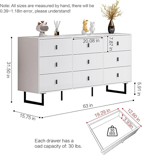 Miniatura 2 de Chrangmay Cómoda blanca de 9 cajones para dormitorio, moderna cómoda triple de 9 cajones con cajones profundos, amplio armario organizador de