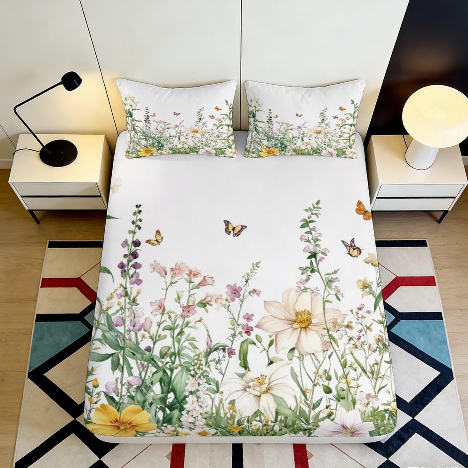 3D Printed Wildflower Butterfly Fitted Sheet Microfiber Non-Slip Mattress Cover Washable Bedroom Decor Dustproof 180x200x25cm