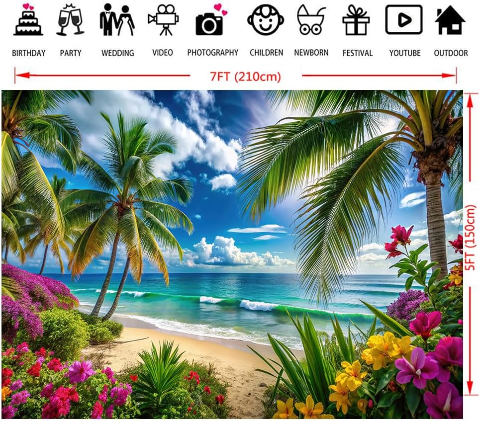 7x5ft Summer Hawaiian Beach Photography Backdrop Tropical Flower Palm Leaves Background for Luau Aloha Party Decoration Banner Photo Booths