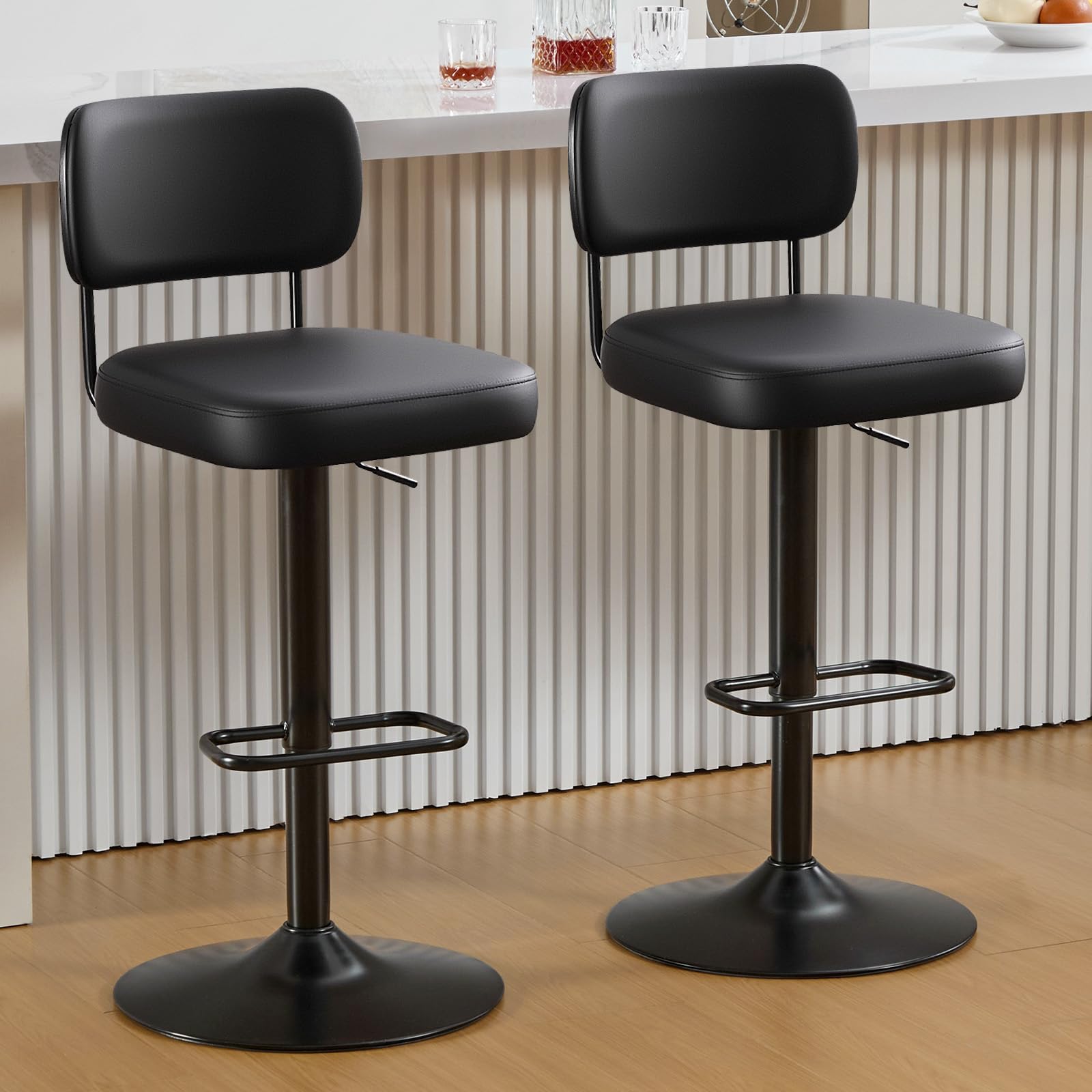 WOOW DEPOT Swivel Bar Stools Set of 2, Adjustable Barstools from 25" to 33", Upholstered Faux Leather Bar Chairs with Backrest & Enlarged Base for