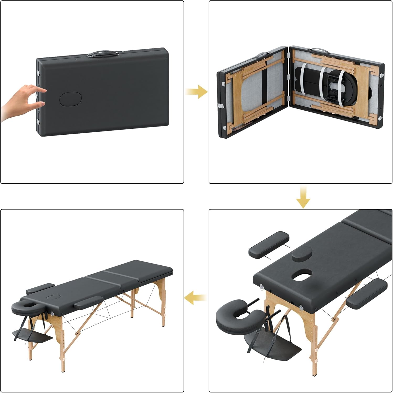 Professional Massage Table, Portable 3 Folding Massage Bed, Height Adjustable Spa Bed with Carrying Case, Solid Wood Legs Hold Up to 550LBS for Facial Solon Tattoo, Black