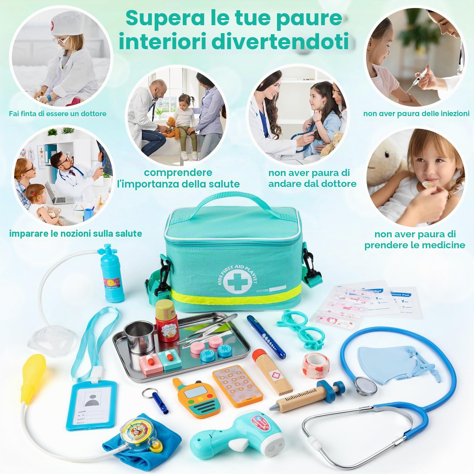 Sundaymot Valigetta Dottore Bambini, kit Dottoressa Bambina, con Vero Stetoscopio, Termometro, Camice da Medico e Borsa da Medico Portatile, Gioco di Ruolo per Ragazze e Ragazzi di 3, 4, 5 Anni