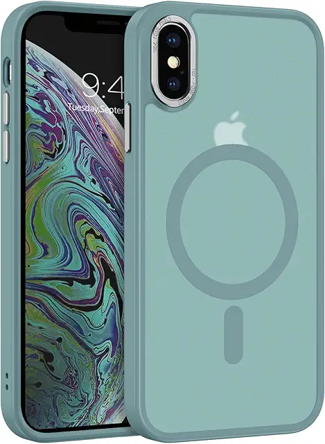 Coque iPhone X/XS Compatible Mag-Safe, Protection Antichoc Translucide Mat Gris Bleu