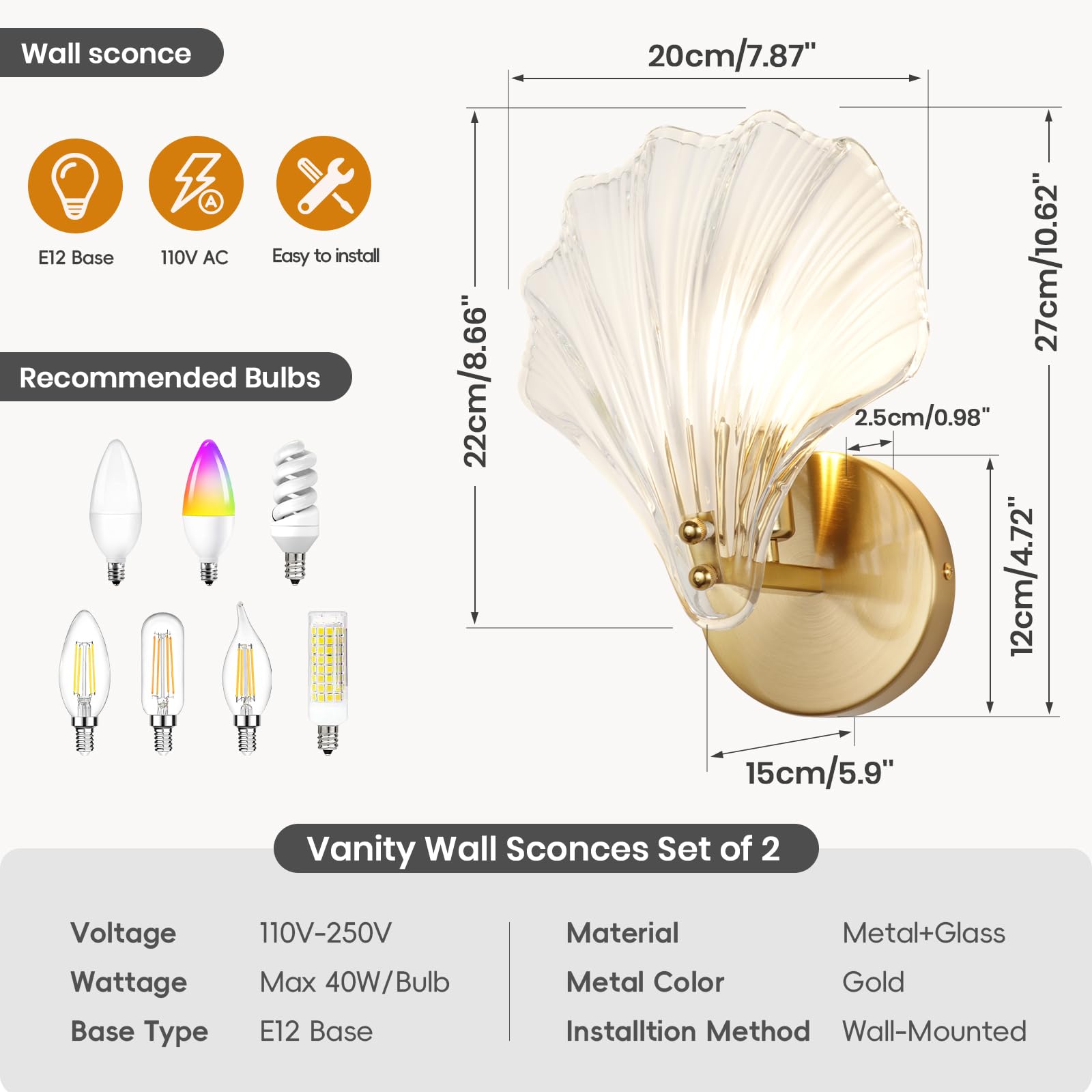 Set mit 2 goldenen Glas-Wandleuchtern mit klaren Glasschirmen in Muschelform, Mitte des Jahrhunderts, goldfarbenes Schminklicht, Messingbeschläge für Badezimmer neben dem