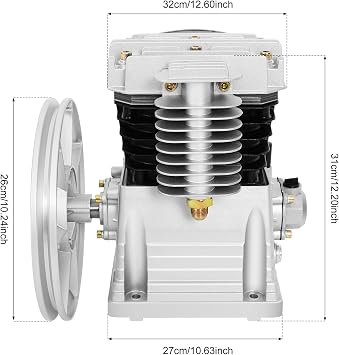 3HP Dual Cylinder Air Compressor Pump Head, 8Bar Cast Iron & Aluminum Pump with Pulley for Automotive Repair, Industrial Machinery