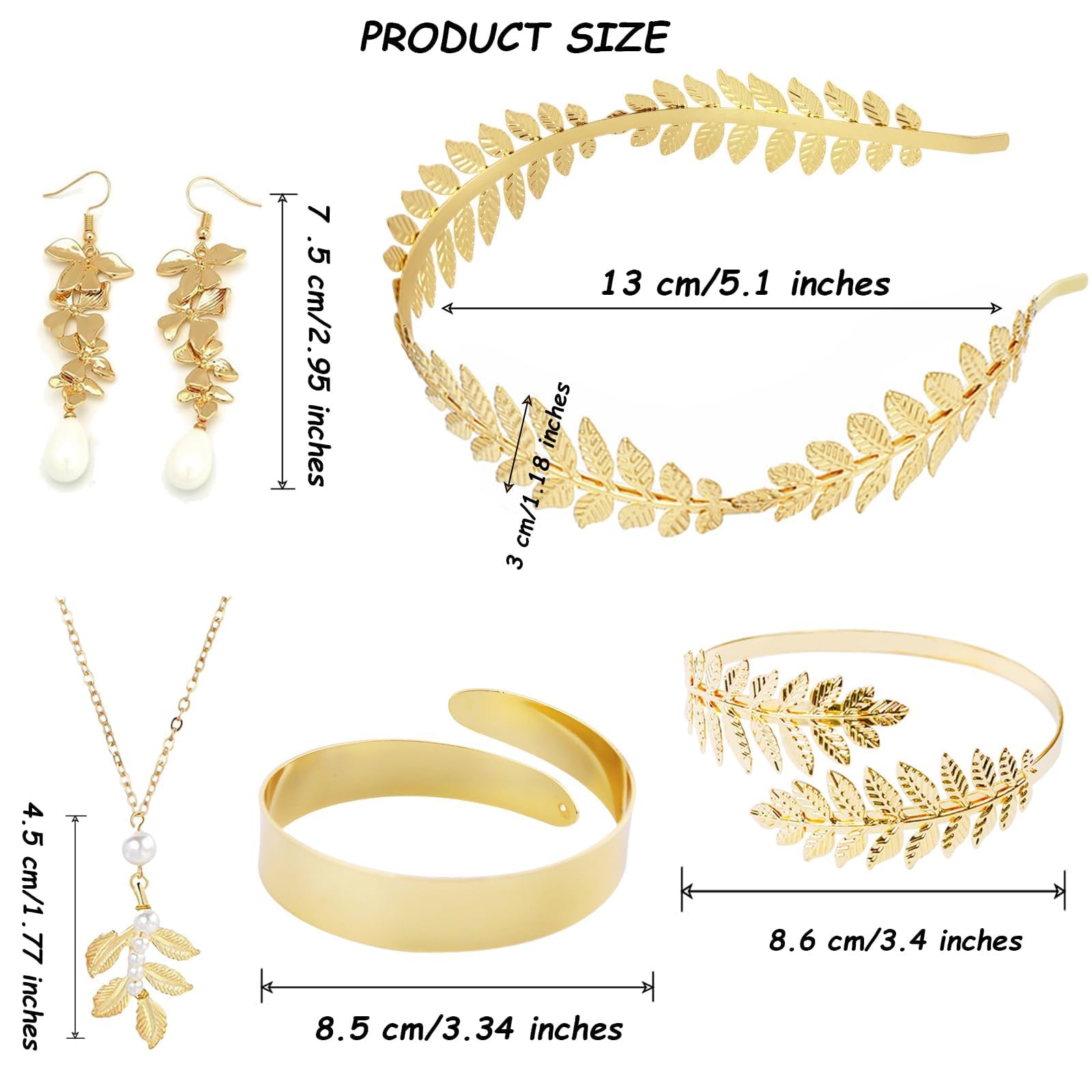 6-Piece Greek Goddess Costume Accessories Set Roman Toga Party Headband Upper Arm Cuff, Bracelet, Band Earrings Women’s Cosplay Jewelry Gold