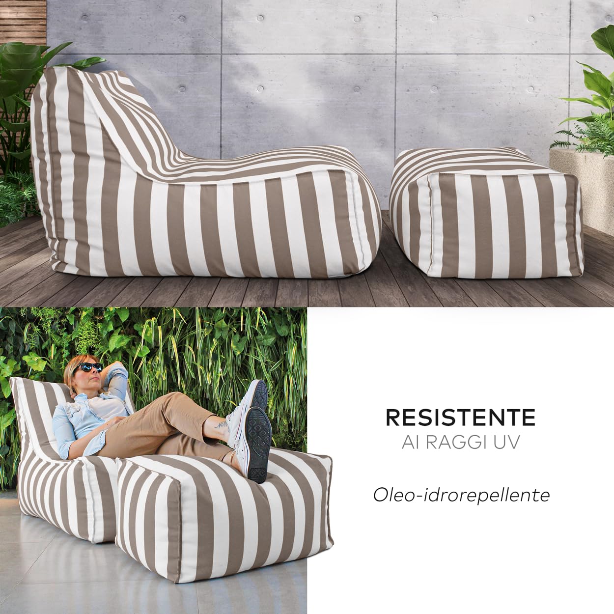 Deshome - Poltrona da esterno giardino con pouf poggiapiedi idrorepellente sfoderabile: Chaise longue da esterno con imbottitura lettino puff design Light Pouf Fango