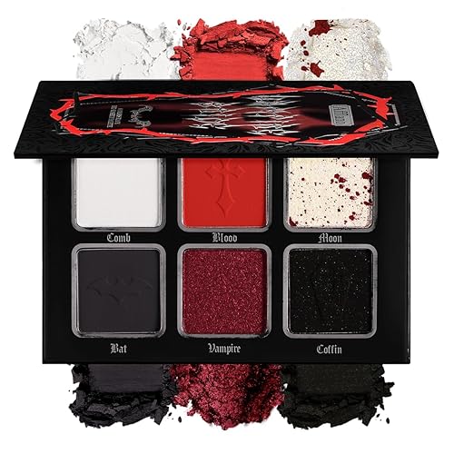Black Red Eyeshadow Palette, Highly Pigmented True Red White Dark Grey Goth Smoky Eyeshadow Palette, 6 Color Matte Shimmer Burgundy Metallic Halloween Makeup Palette for Zombie Vampire Clown,Blendable - #04 Vampire Bride