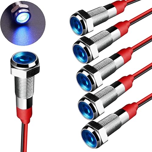 JAIZAIWJ Luz indicadora LED de 0.236 in 14 "12 V24 V DC impermeable azul plana metal indicador señal con cable de 5.906 in luz indicadora LED