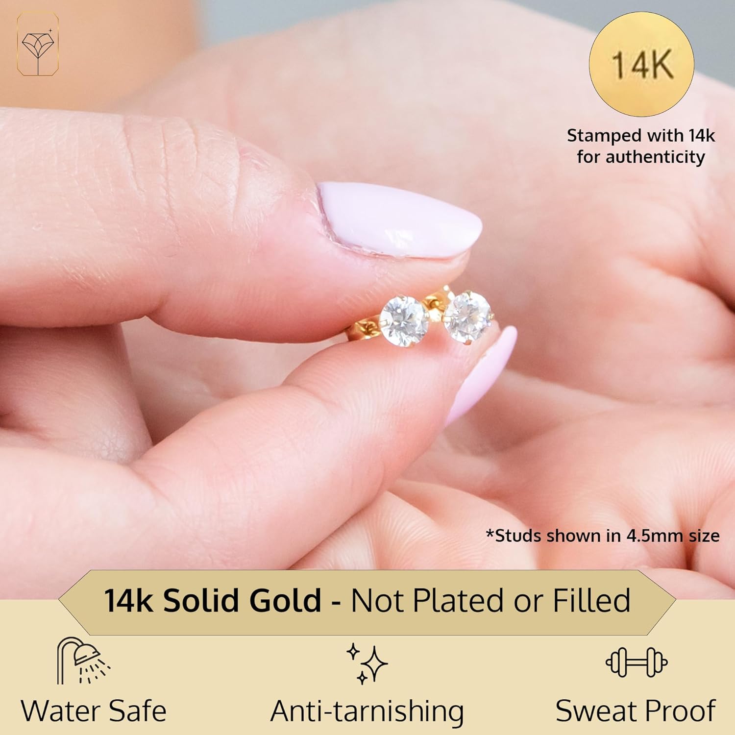 14k Gold Solitaire Round AAAAA Cubic Zirconia Earrings Studs for Women & Men | Anti Tarnishing Brilliant CZ Studs with 14k Gold Butterfly Pushbacks | 3.5MM-8MM by MAX + STONE - Image 2