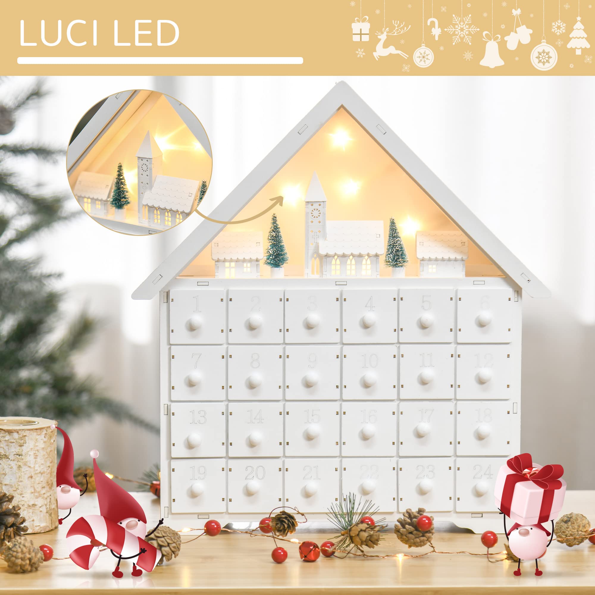 HOMCOM Calendario dell'Avvento in Legno da Riempire 24 Cassetti 39x9x42cm | Villaggio di Natale, Alberi, Luci