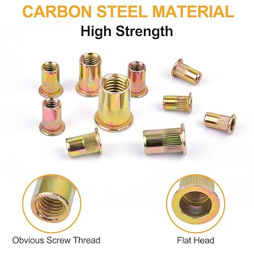 Miniatura 10 de VIGRUE 230 tuercas remachadoras SAE y métricas UNC, kit surtido de tuercas remachables de cabeza plana #8-32#10-24 14"-20 38"-16 516"-18 y M3 M4 M5