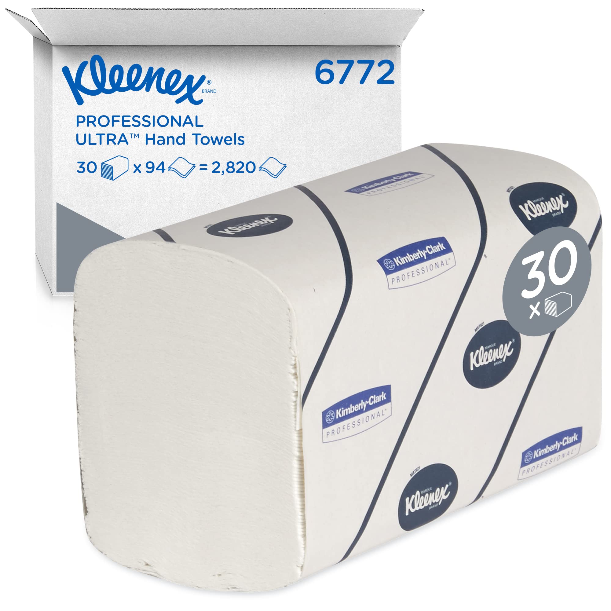 Kleenex Ultra Handtücher mit Interfold-Faltung 6772 – 30 Packungen mit je 94 weißen, 2-lagigen Tüchern