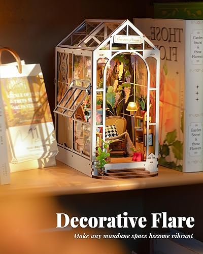 Miniatura 4 de Rolife Kit de Manualidades Rincón del Libro, Separador de Libros Rompecabezas 3D de Madera de 24 cm, Kit de Casa en Miniatura con Muebles y Luz LED,