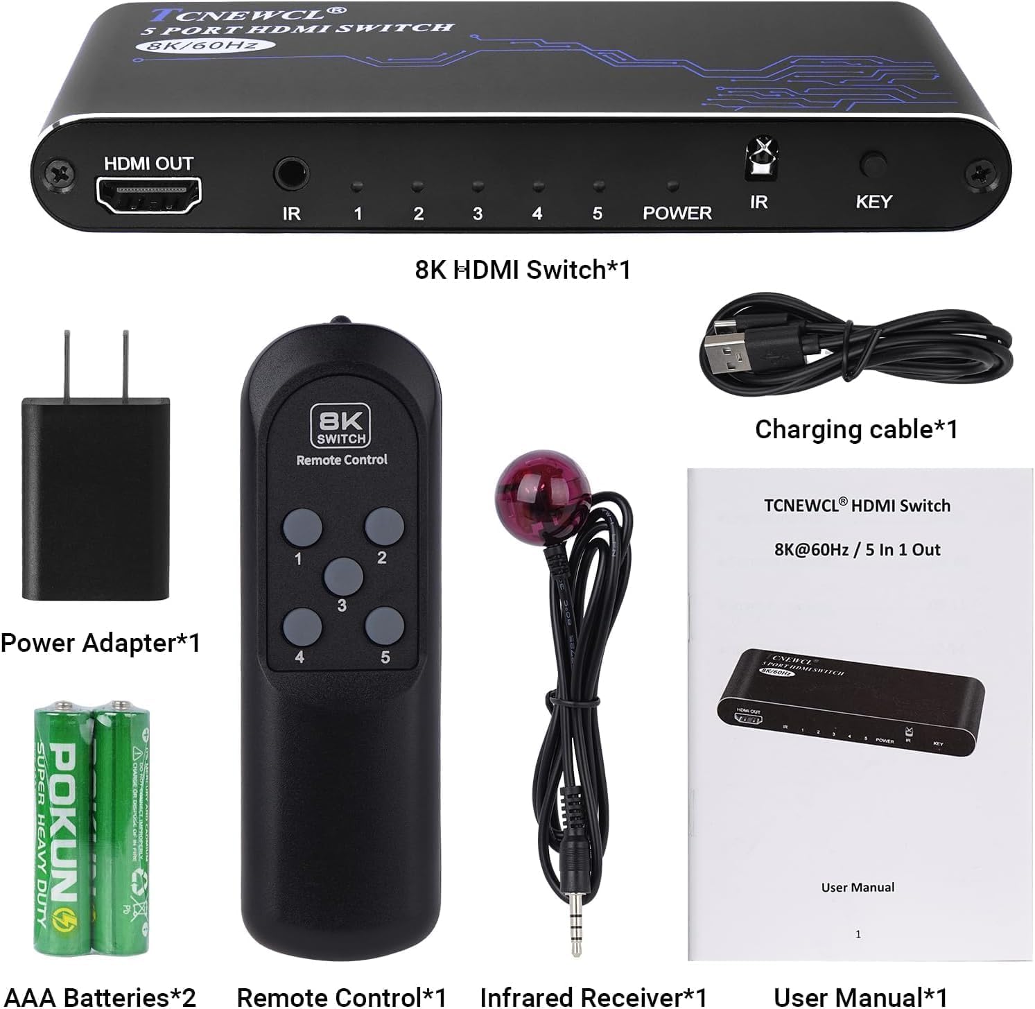 TCNEWCL Switch HDMI 8K 5 in 1 Out, Hub HDMI 8K a 60Hz 4K a 120Hz, selettore HDMI 2.1 compatibile con PS5 PS4 Xbox PC