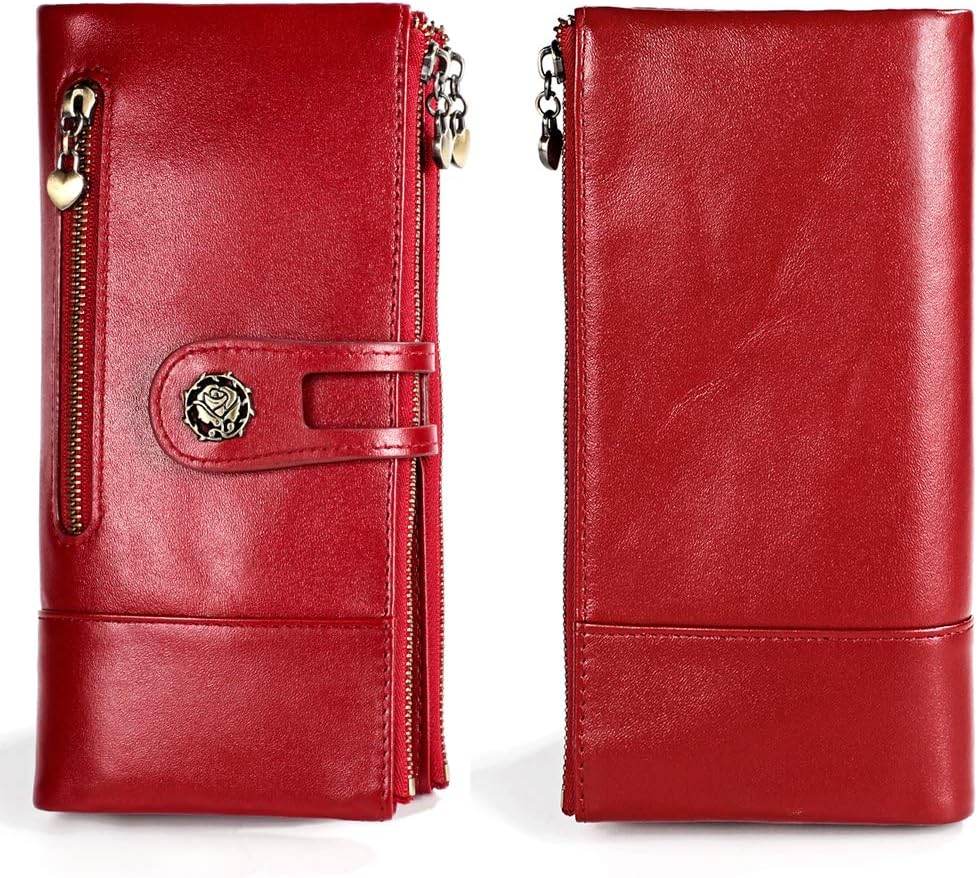 Women's RFID Blocking Wallet Soft Leather Clutch Money Ladies Purse Slim Card Holder Organizer Zip Pocket (3513-Red) - Image 2
