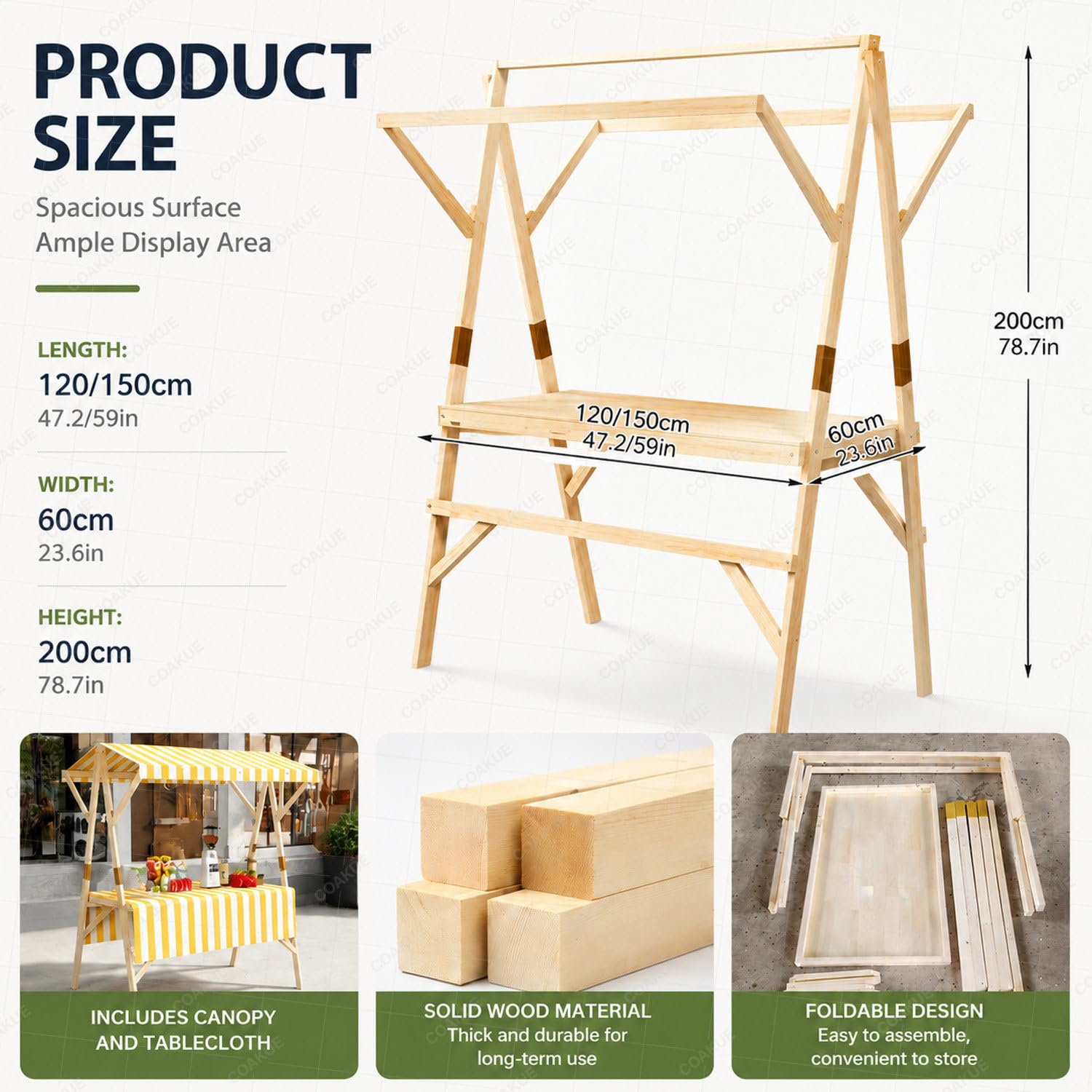 Carrito de Madera Plegable para Exteriores con Ruedas y toldo, Soporte portátil para exhibición de Comida para Venta Ambulante, mercados, Eventos y Fiestas al Aire Libre BlueB-150cm/59in