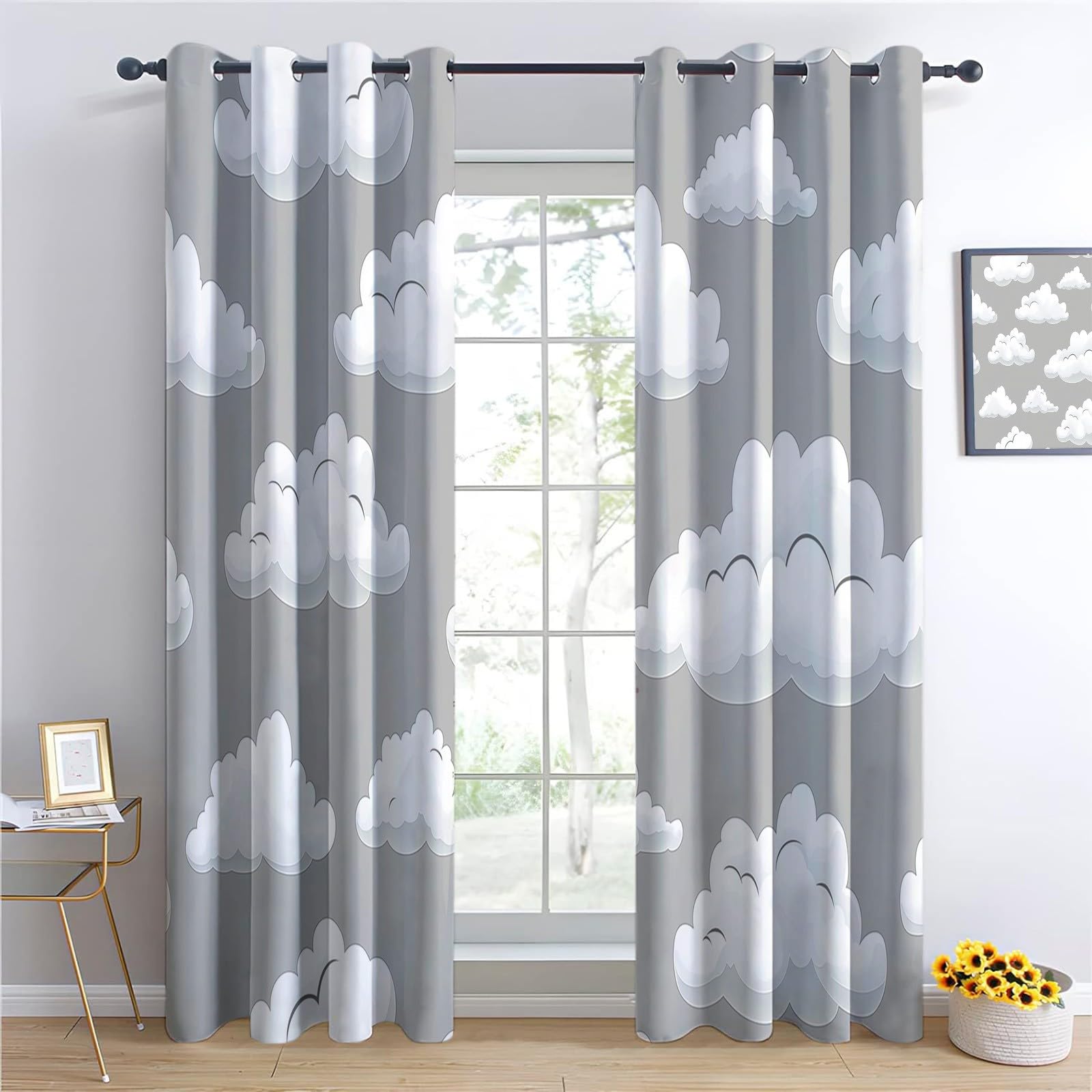 Générique Lot de 2 Rideaux 100% Occultants Gris, Rideaux de Fenêtre à Isolation ImpriméS à Nuages Rêve Simples pour Salon Chambre à Coucher Maison Bureau Draperies à Oeillets 110L x 215H cm
