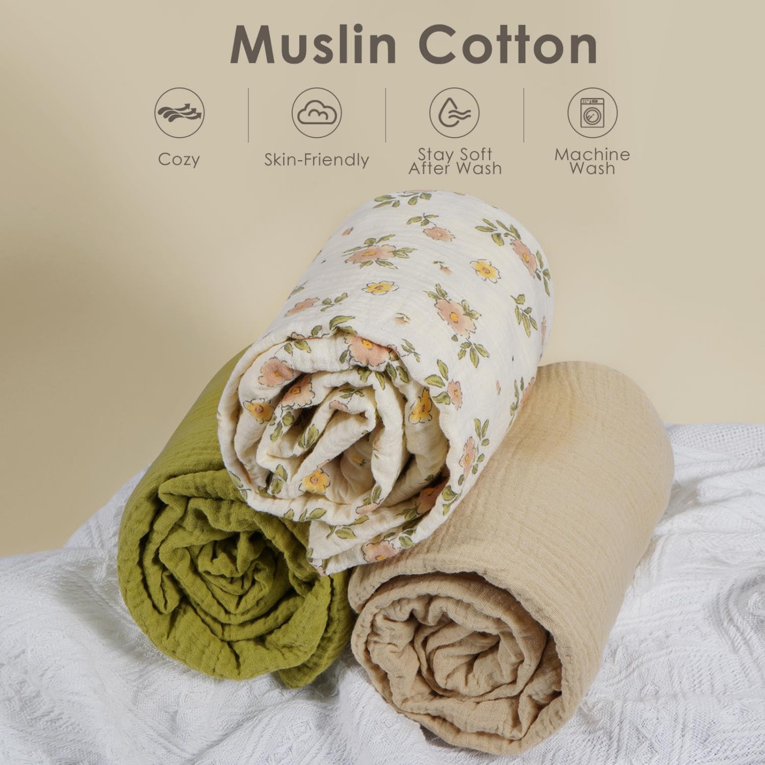 Muslin Crib Sheets Set of 3, 100% Cotton Crib Sheets for Baby Boys Girls, Safe & Anti-Slip, Soft Breathable Neutral for Standard Crib Mattress & Toddler Mattress, 52