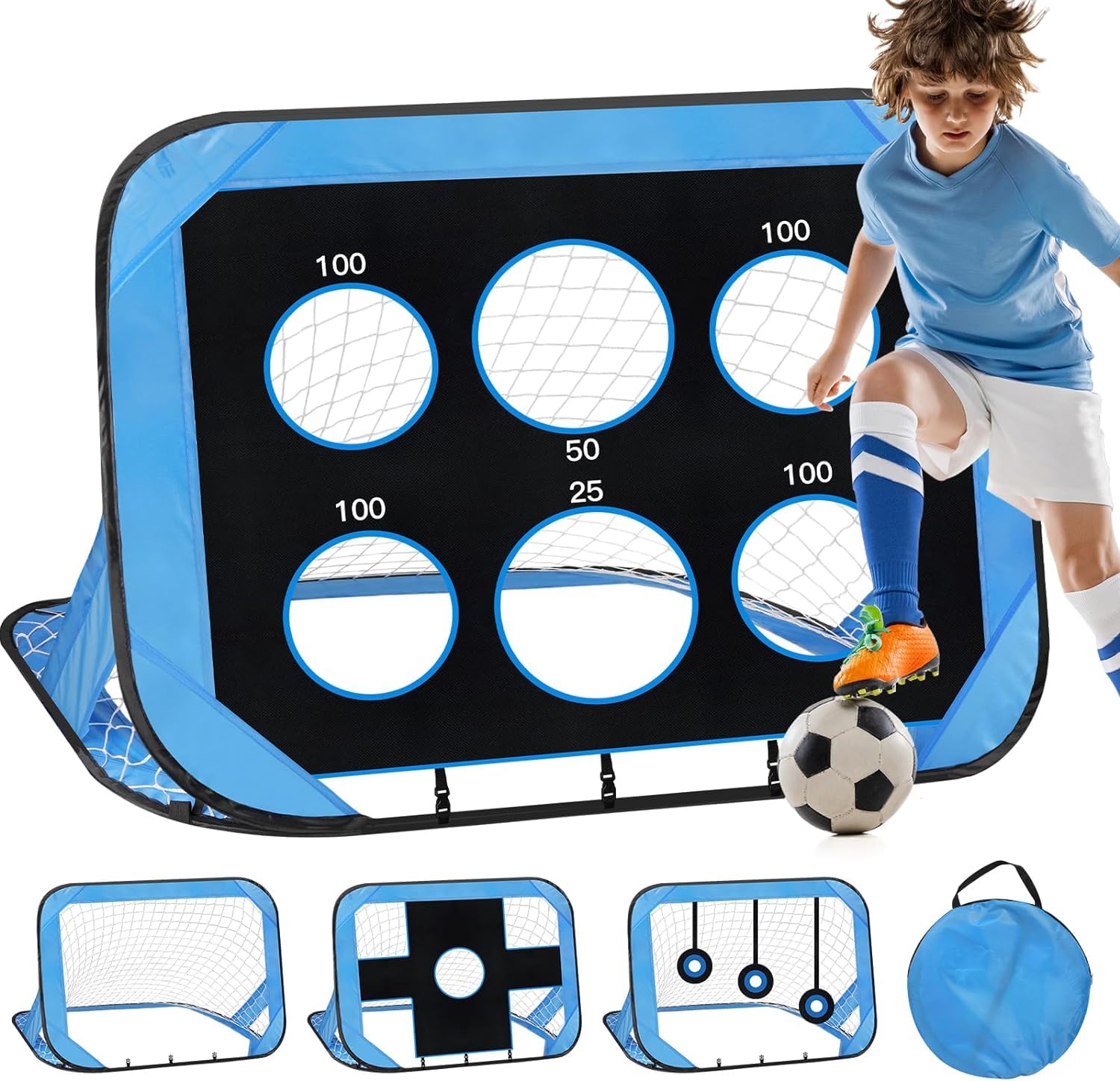 Angju 4 Modes Pop Up Soccer Goal for Kids, Blue, Foldable & Portable with Carry Bag, Football Training Equipment for Indoor & Outdoor, Soccer Goal Net