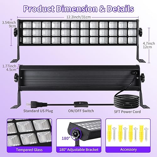 Miniatura 10 de Barra de luz negra de 72 W IP66 impermeable, luz negra LED con enchufe+interruptor+cable de 5 pies, luces negras al aire libre con 108 LED, para