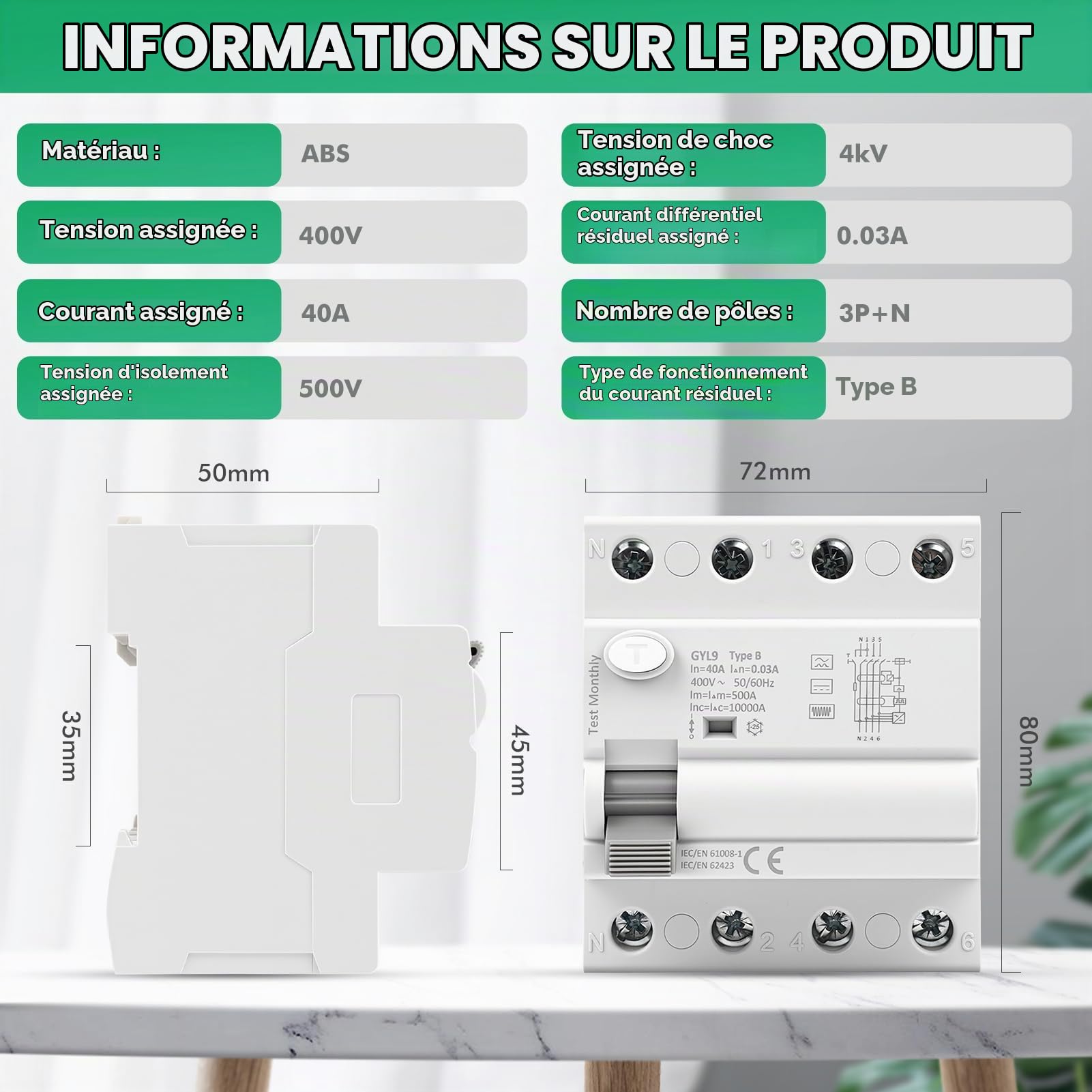 Disjoncteur différentiel 30mA Type B interrupteur différentiel 40A 30mA 3P+N 10kA RCCB disjoncteurs de courant résiduel AC400V convient aux stations de recharge et aux équipements industriels GYL9