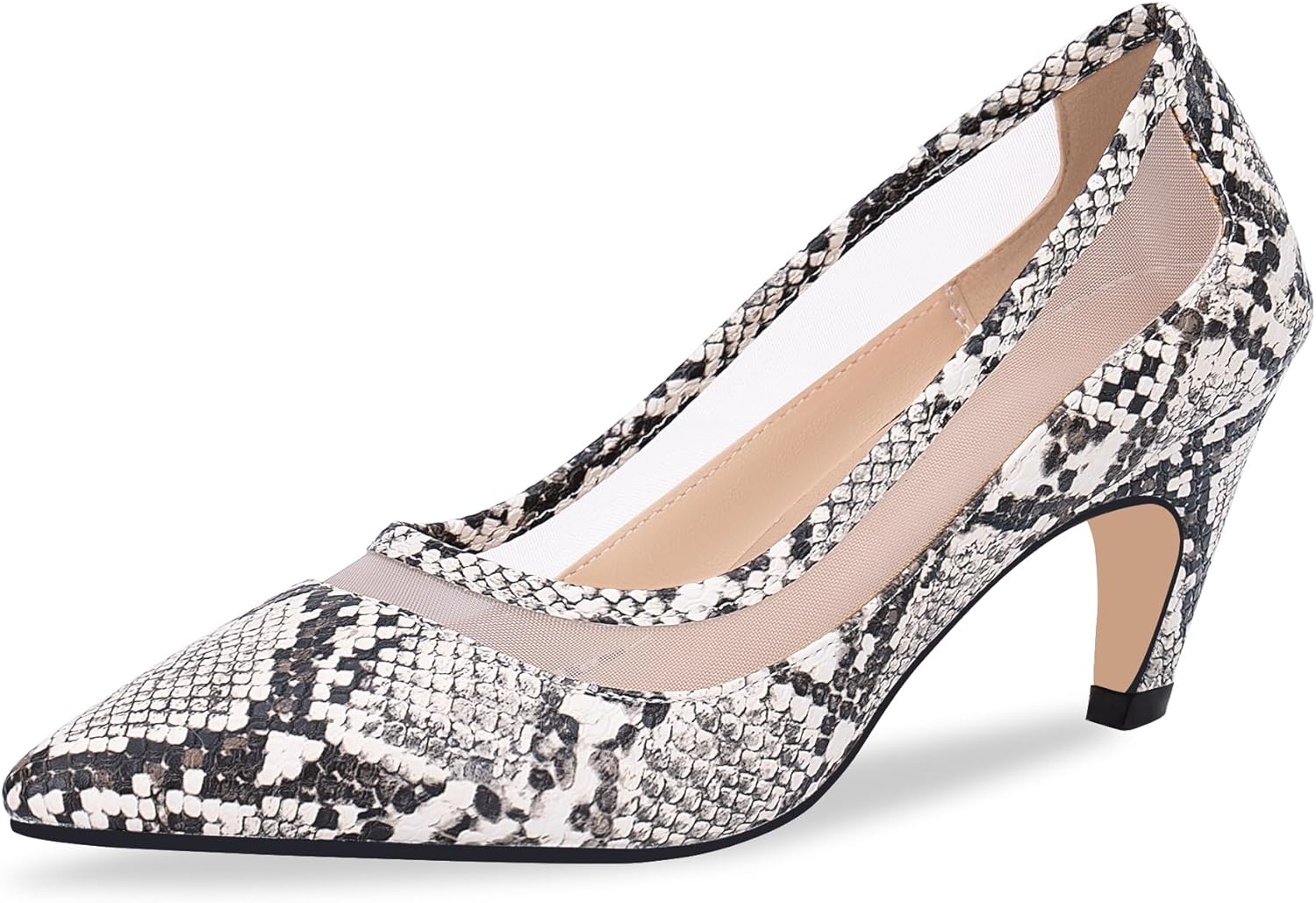 100FIXEO Women's Pointed Toe Mid Heel Pumps Snakeskin Print Mesh Slip On Dress Shoes