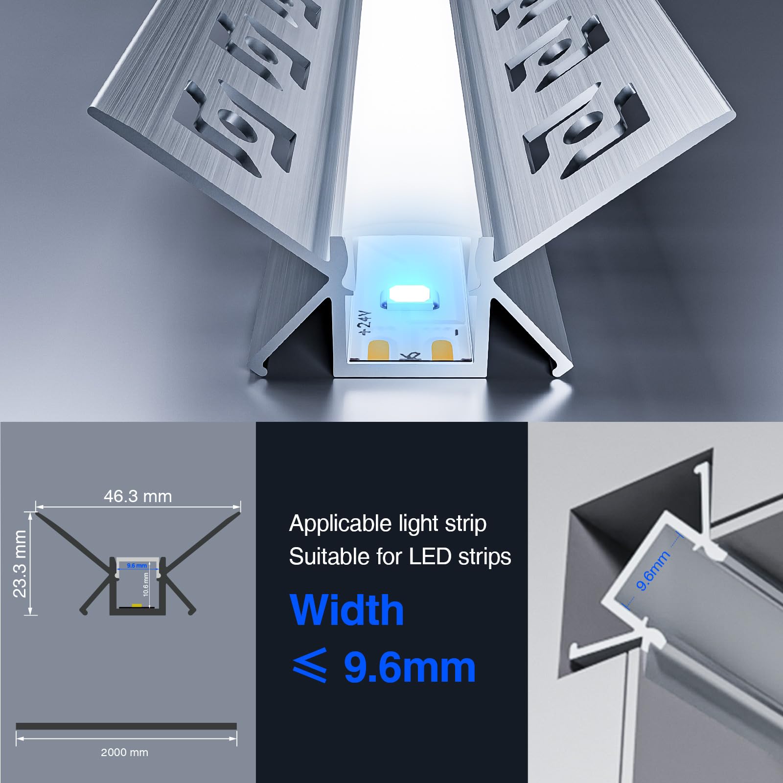 Profilo in alluminio a LED, 10 x 2 m (2 m), per strisce LED fino a 9 mm di larghezza, con copertura in PC bianco latte e set di accessori (SP47)