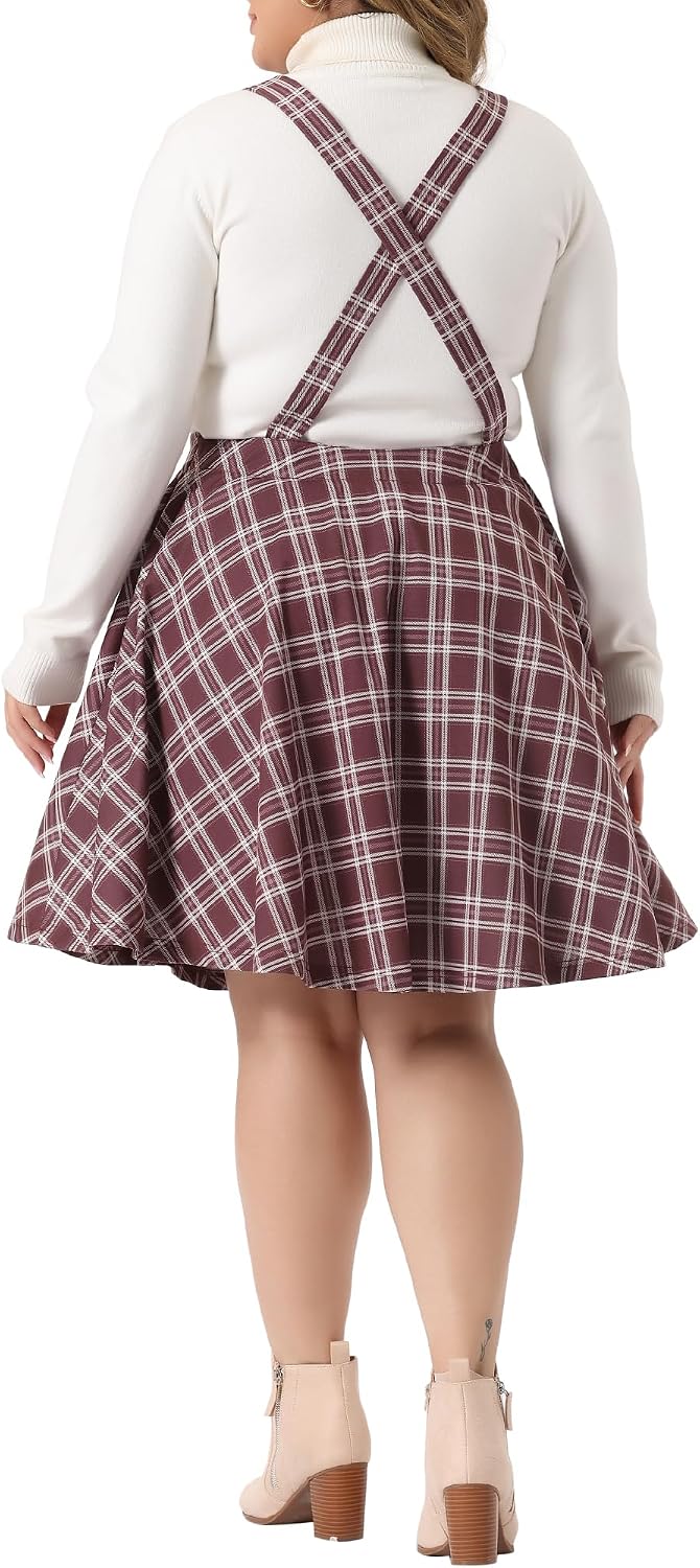 Agnes Orinda Women's Plus Size Overall Pinafore Dress Casual Plaid Printed Swing Adjustable Straps Dresses