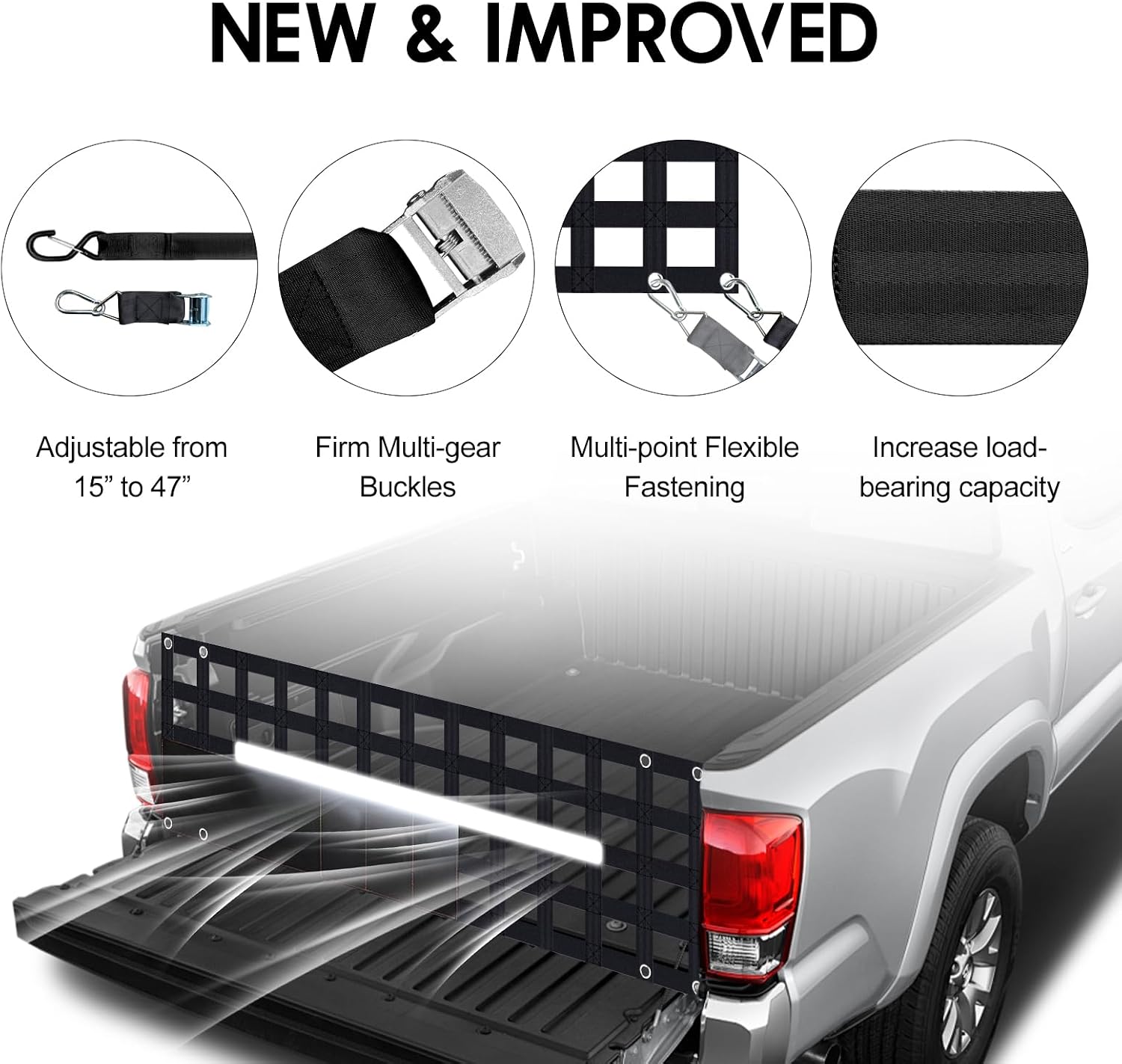 Heavy Duty Tailgate Net for Truck Bed, 60" x 18", Cargo Net with 4 Storage Bags & Adjustable Buckle Straps, Durable Nylon Tailgate Net with Reflective Strips Fit for Jeep, Pickup, Chevrolet, Ford