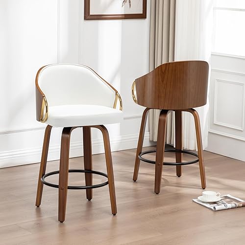 Miniatura 4 de Juego de 2 taburetes de bar giratorios de 30 pulgadas de altura, taburetes de bar altos de cuero blanco, sillas de bar modernas de mediados de siglo