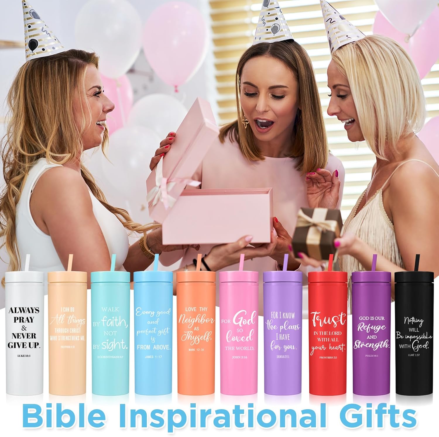 20 Pcs Christian Tumblers Bulk for Women Bible Verse Tumbler Bulk Plastic 16 oz Inspirational Religious Water Bottle with Lid and Straw for Church Women Men (Colorful) - Image 6